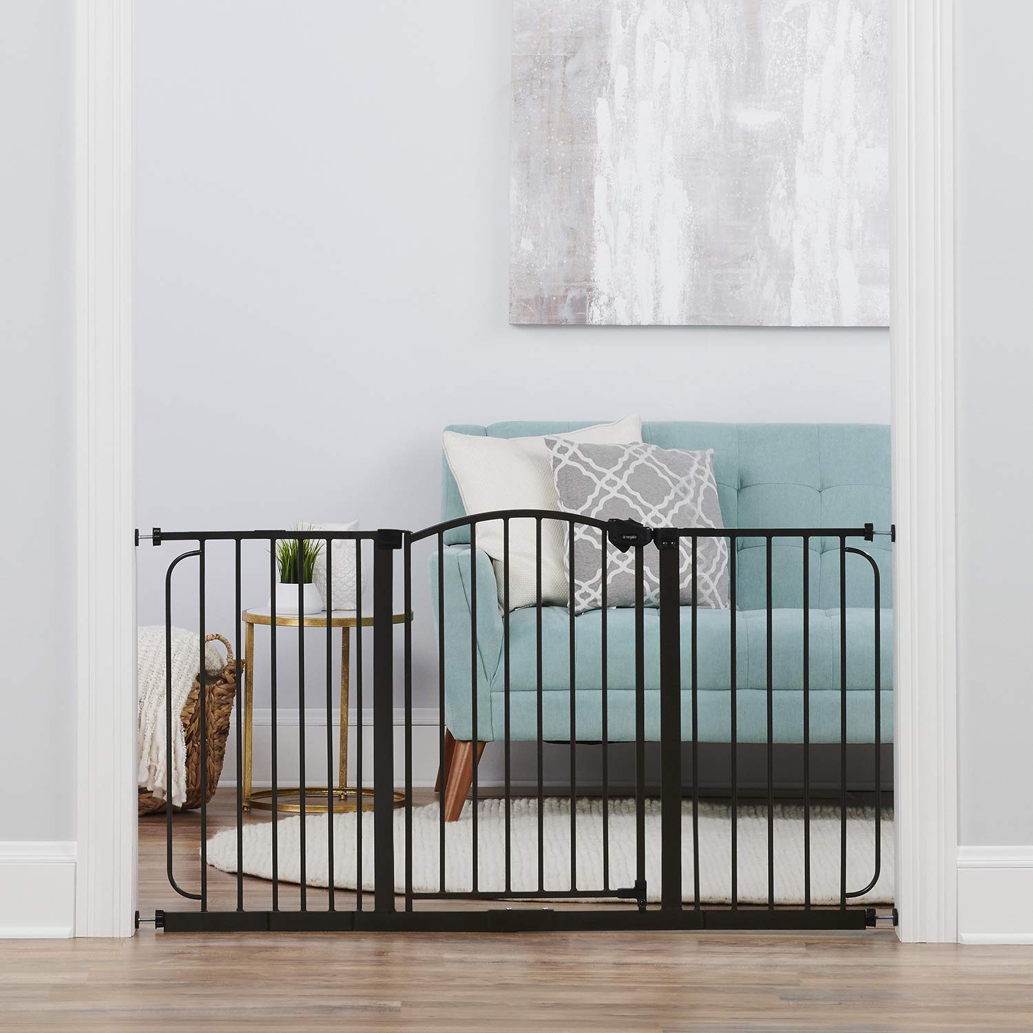 Regalo 58-Inch Home Accents Super Wide Walk Through Baby Gate - Includes 6-Inch, 8-Inch and 12-Inch Extension - 4 Pack of Pressure Mounts and 4 Pack of Wall Cups - Bronze