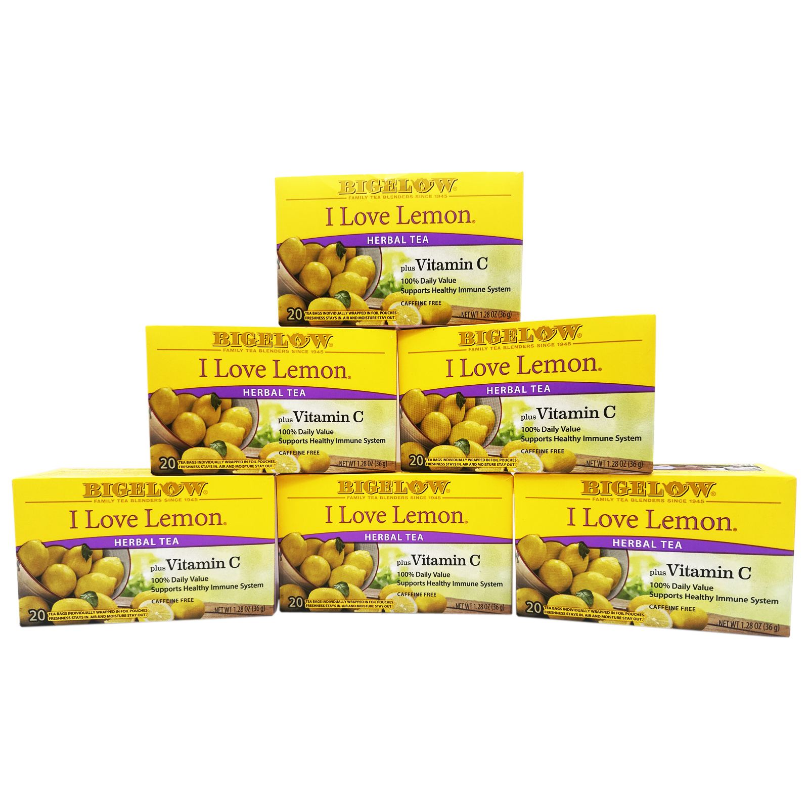 Bigelow I Love Lemon with Vitamin C Herbal Tea, 20 Count Box (Pack of 6), 120 Total Tea Bags