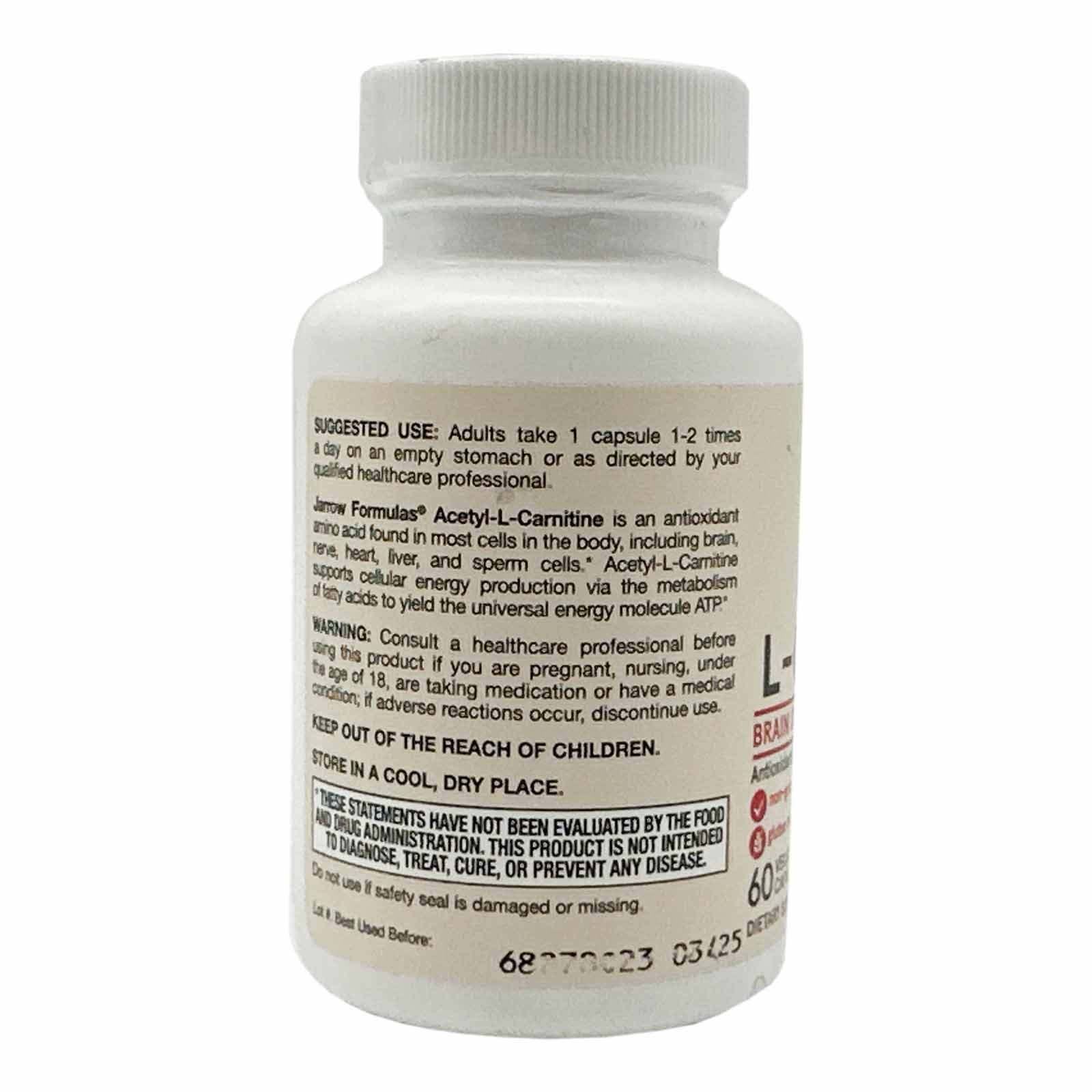 Jarrow Formulas Acetyl L-Carnitine, 500 mg, 60 Veggie Capsules