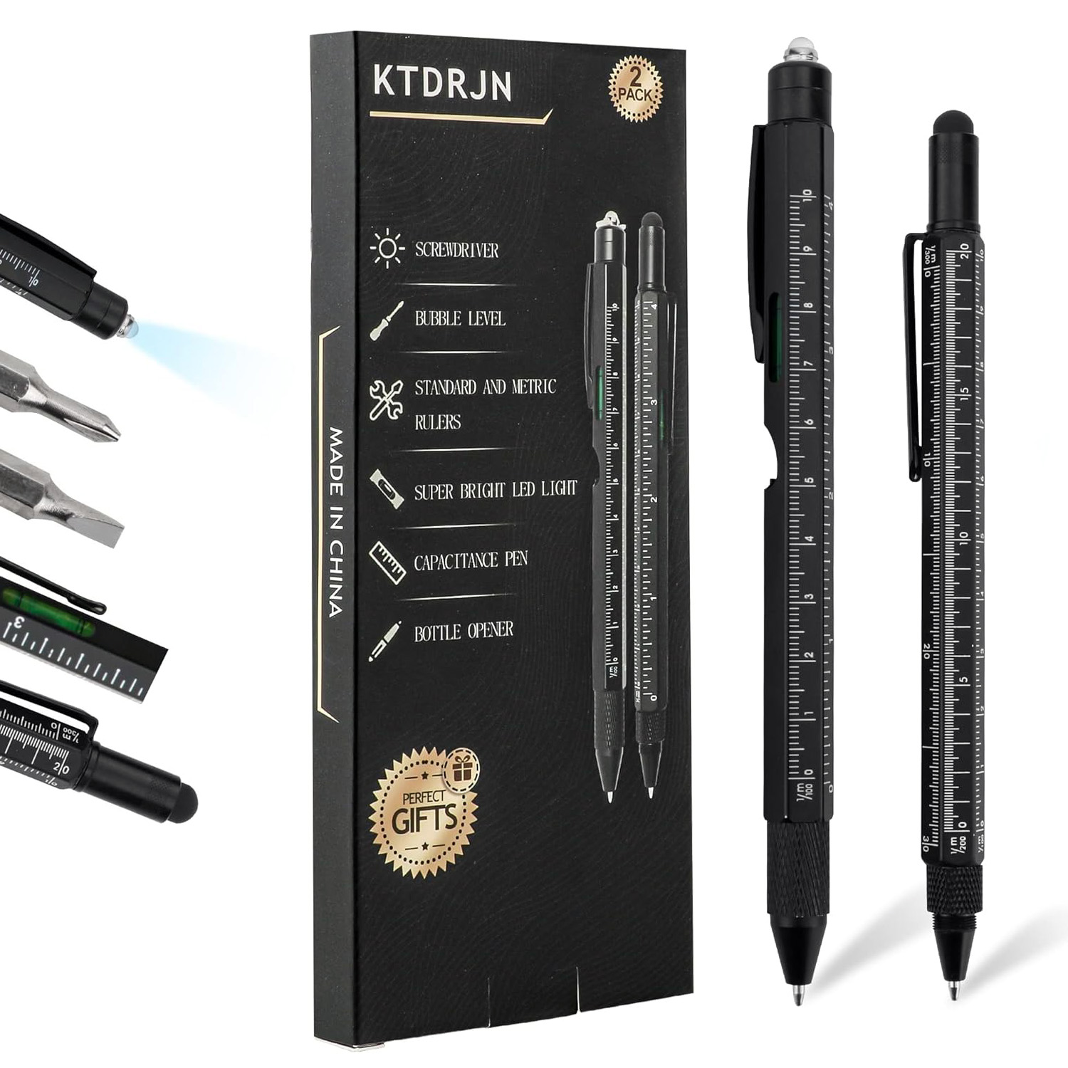 KTDRJN Multi-Tool Pen Set - 2 Pack of Multi-Functional Pens - 14 Handy Functions