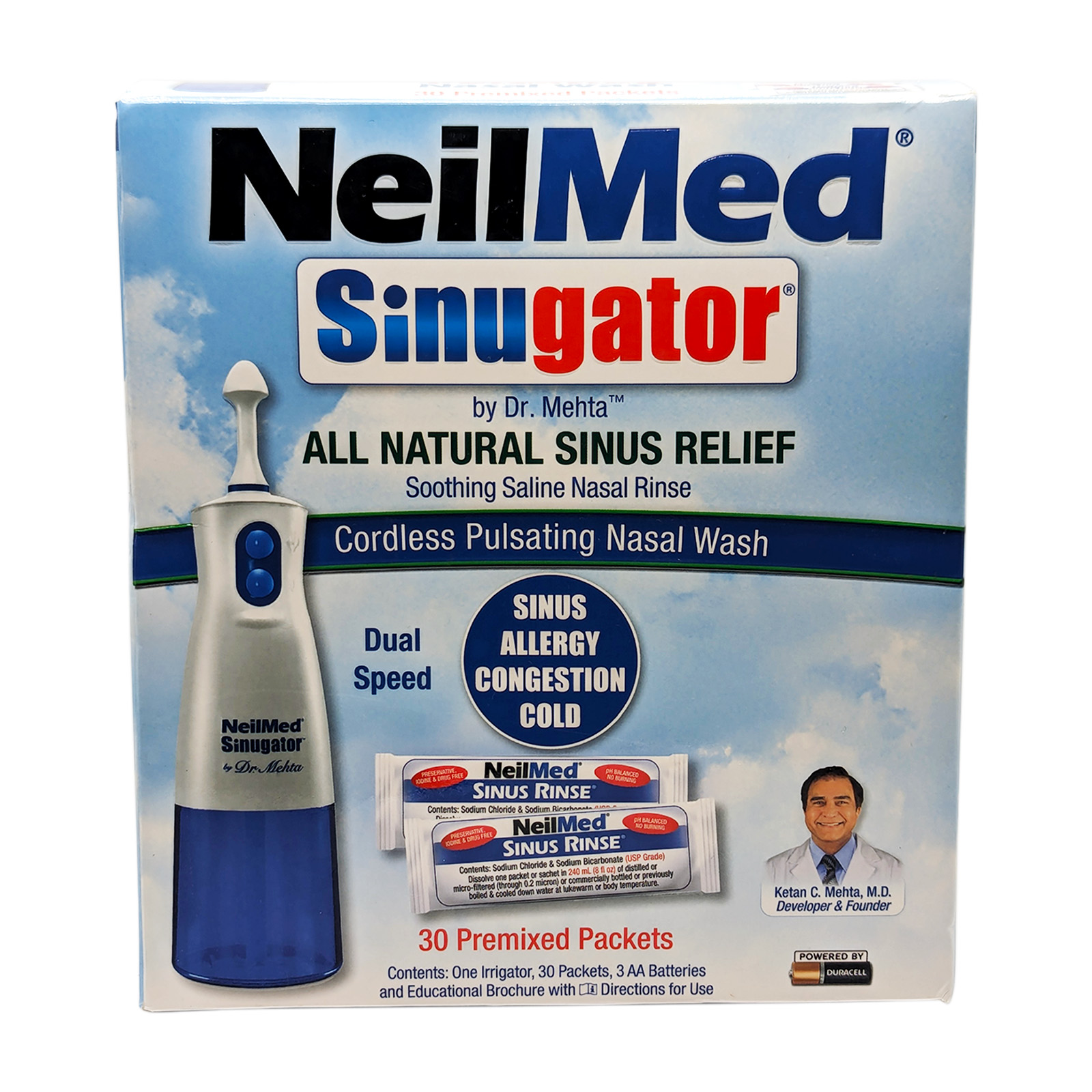 NeilMed Sinugator Cordless Pulsating Nasal Wash 30 Premixed Packets Exp 08/2026