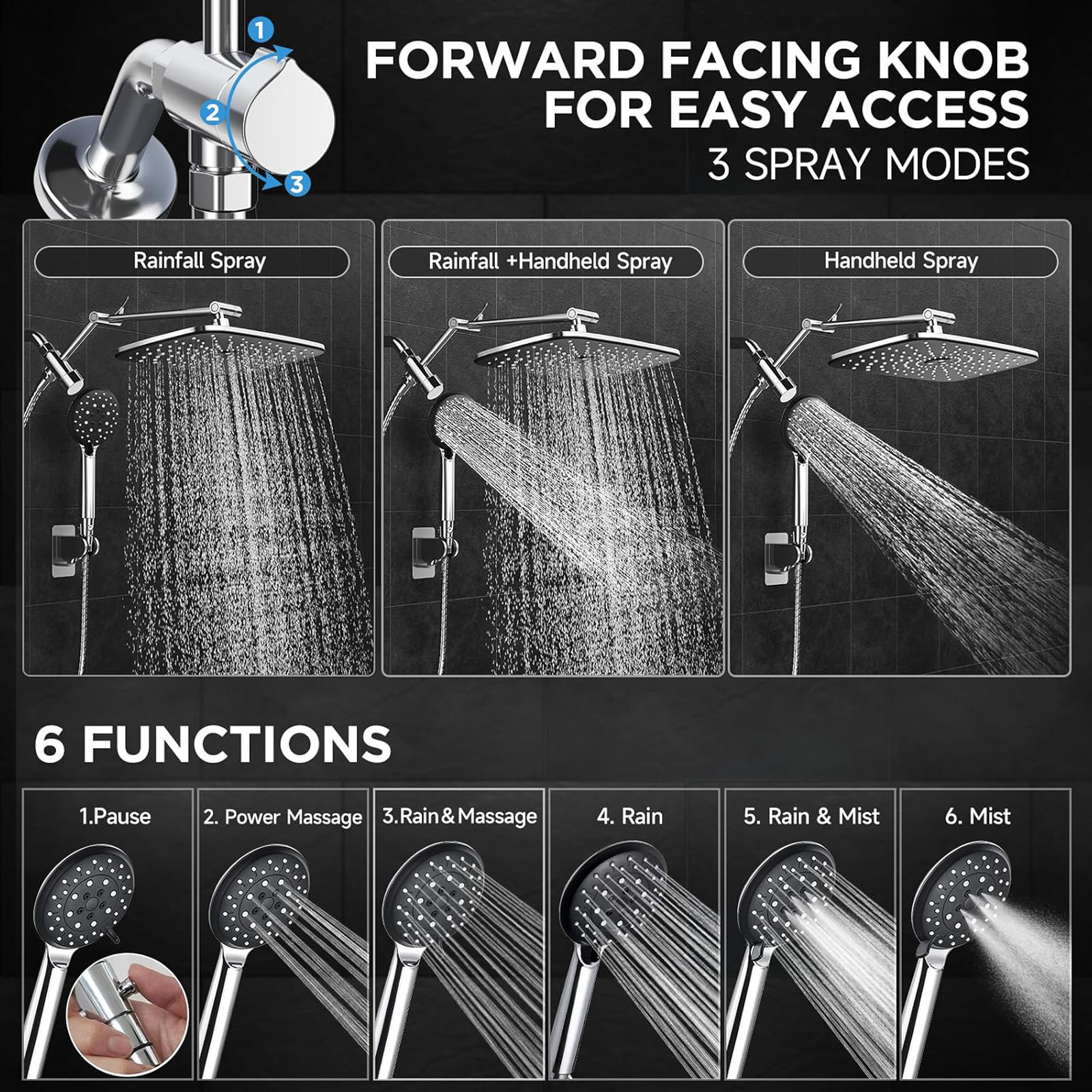 Veken Wide Rain Shower Head with 6 Modes Handheld Water Spray, High Pressure Showerhead Combo with Arm for Bathroom Accessories，Home Decor Adjustable Dual Shower with Anti-Clog Nozzles,Silver Chrome