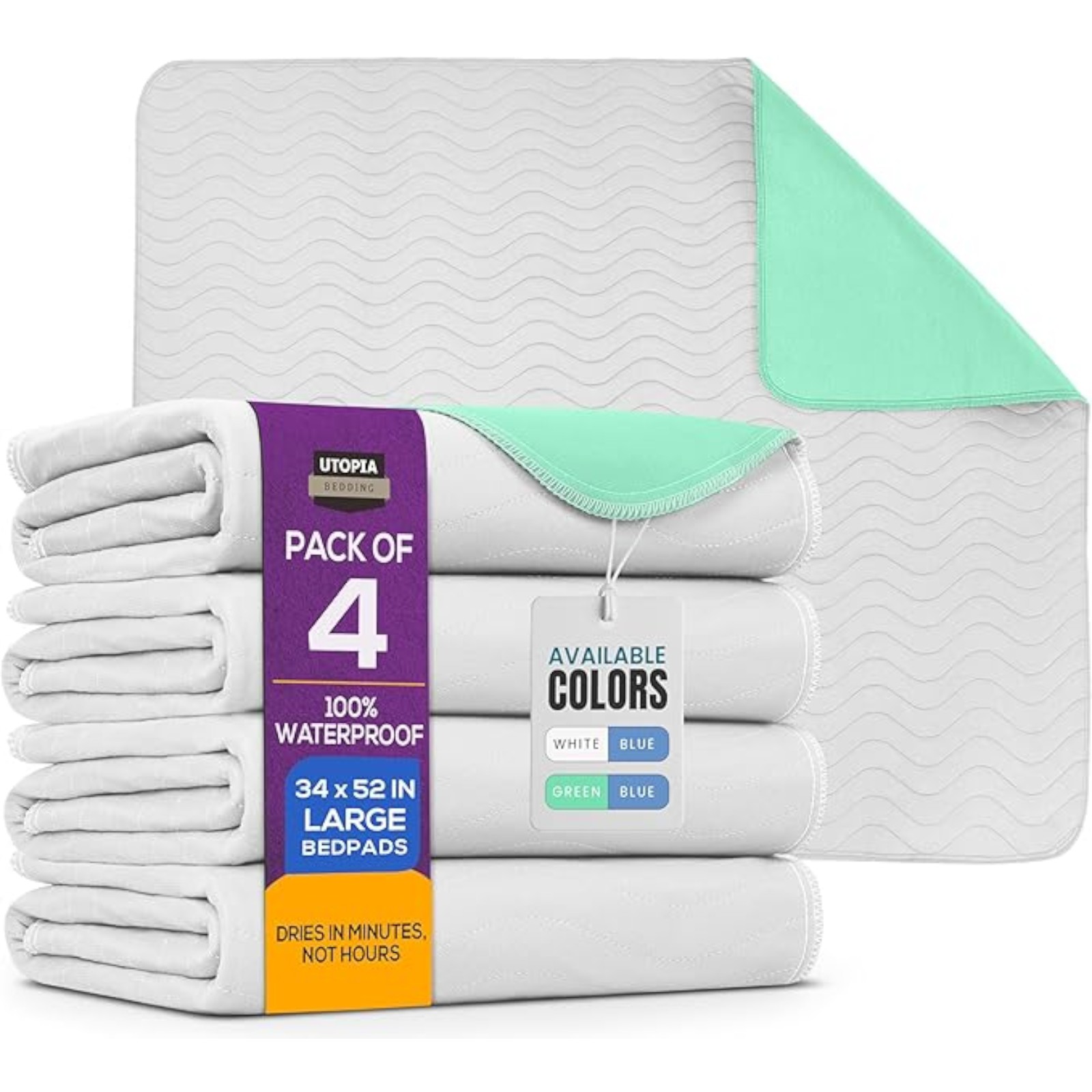 Utopia Bedding Washable Pee Pads for Dogs 34" x 52" (Pack of 4), Waterproof Incontinence Bed Pads for Adults, Elderly and Kids, Heavy Absorbency Pet Training Pads for Sofa and Couch (White, Green)