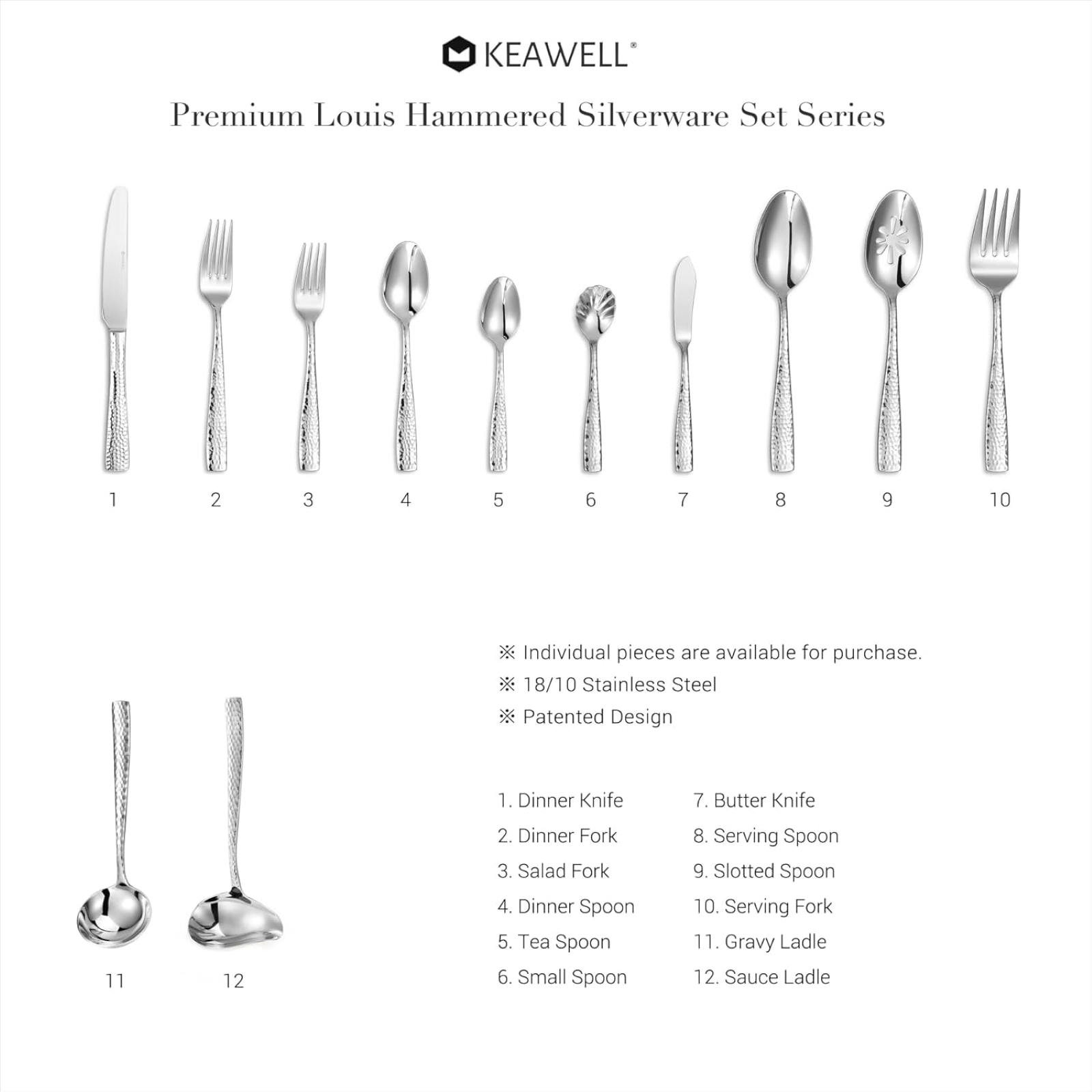 KEAWELL Premium Louis Hammered Serving Utensils, 18/10 Stainless Steel, Squared Edge Design, Mirror Finish, Dishwasher Safe (Hostess Serving Utensil Set)