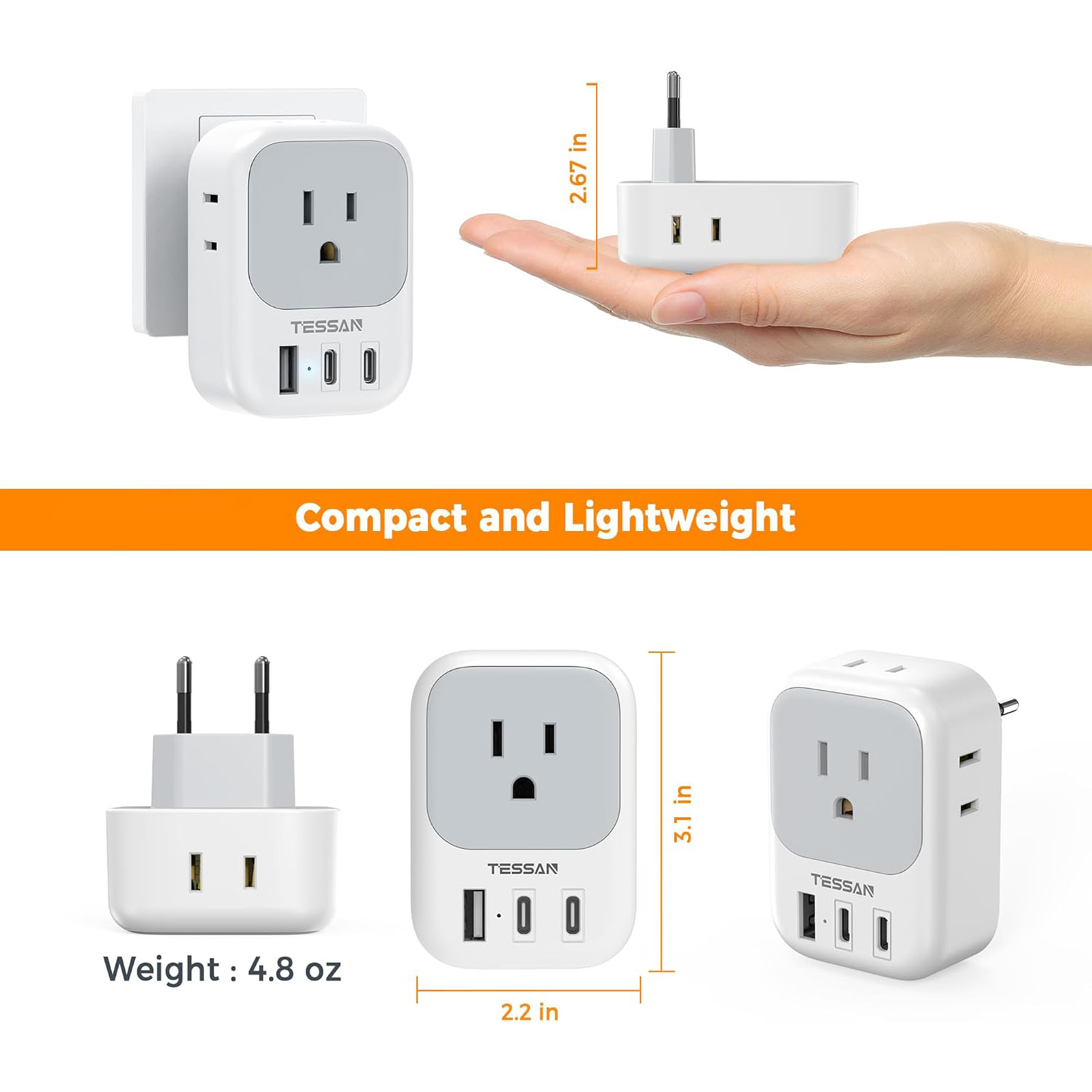 TESSAN US to Europe Plug Adapter with 4 Electrical Outlets 3 USB Ports, 2 Pack