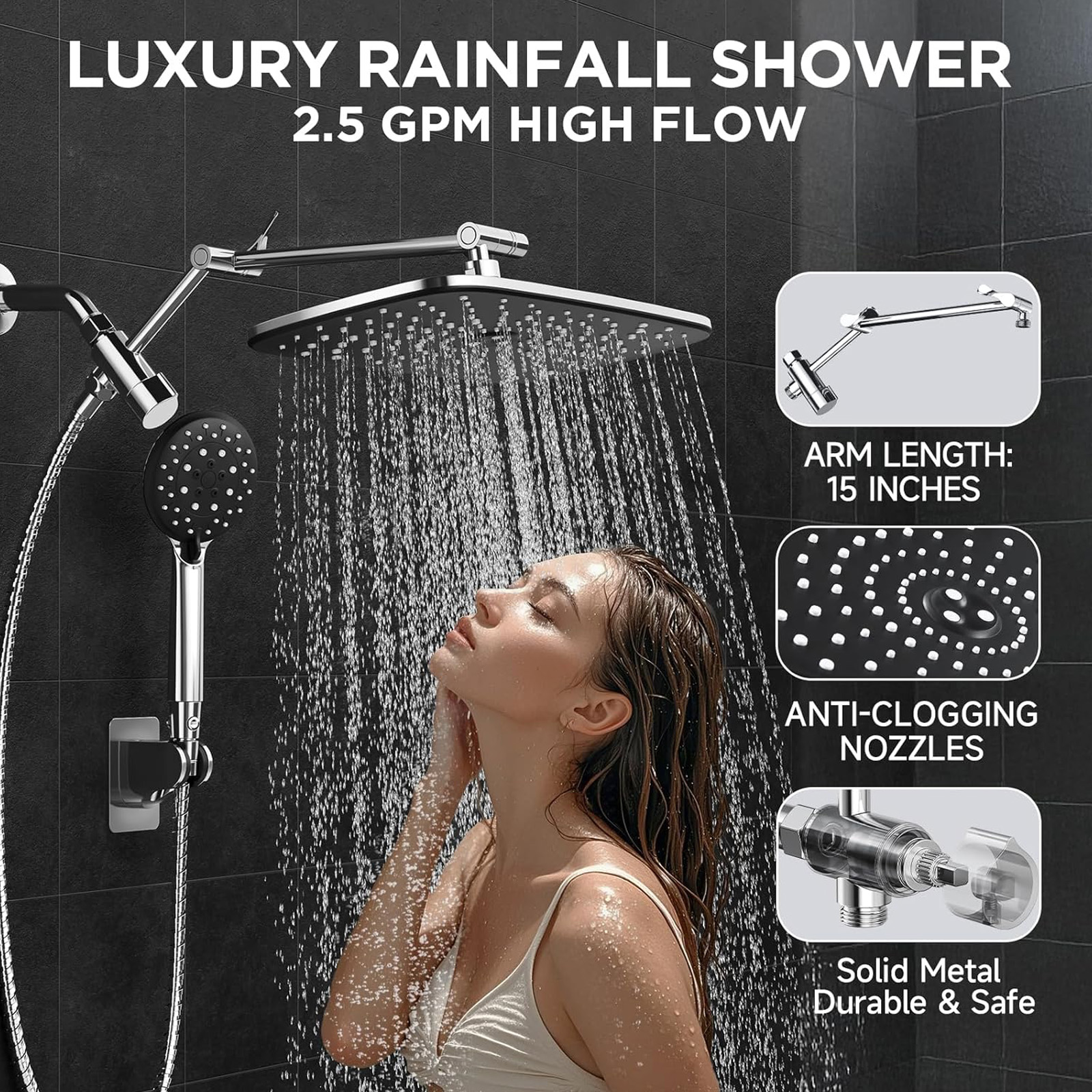 Veken Wide Rain Shower Head with 6 Modes Handheld Water Spray, High Pressure Showerhead Combo with Arm for Bathroom Accessories，Home Decor Adjustable Dual Shower with Anti-Clog Nozzles,Silver Chrome