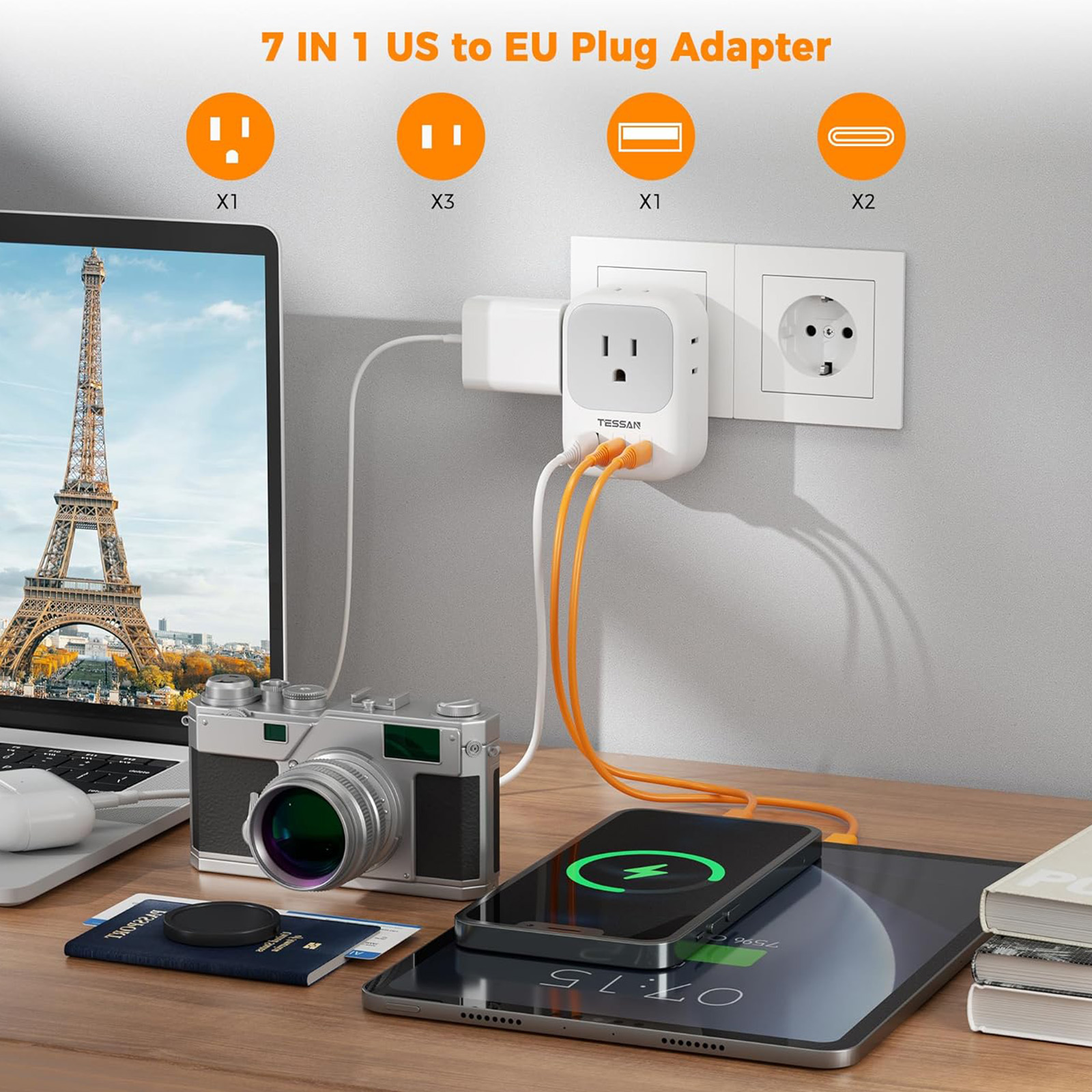 TESSAN US to Europe Plug Adapter with 4 Electrical Outlets 3 USB Ports, 2 Pack