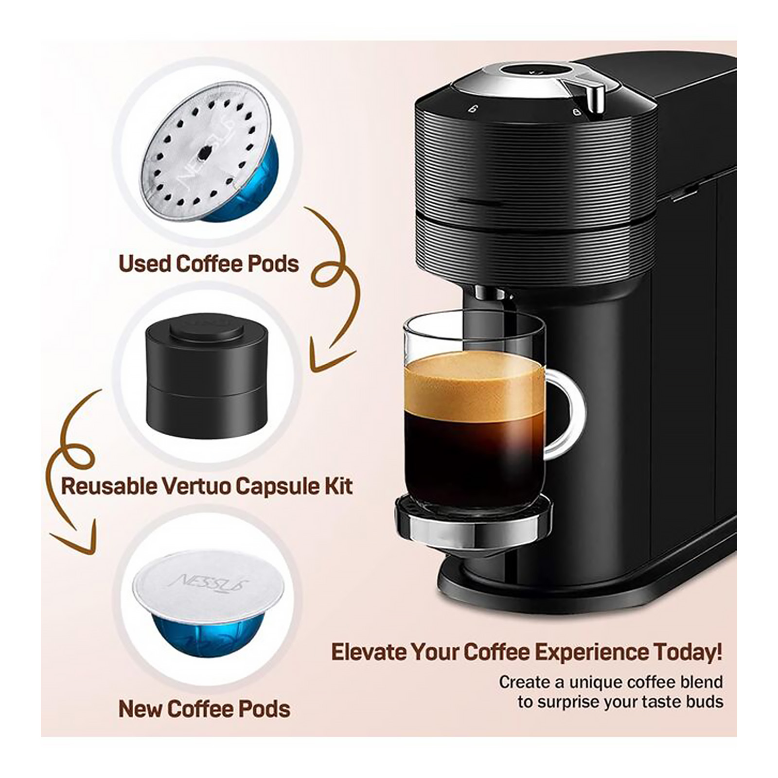 Nessus Vertuo Reusable Pods Kit, 50 Pcs [ALSeal EZ FIT] Aluminum Foil Seals for Nespresso Capsules Vertuoline, Holder and Brush, Fits for Refillable Vertuo Pods(Pods Not Included)