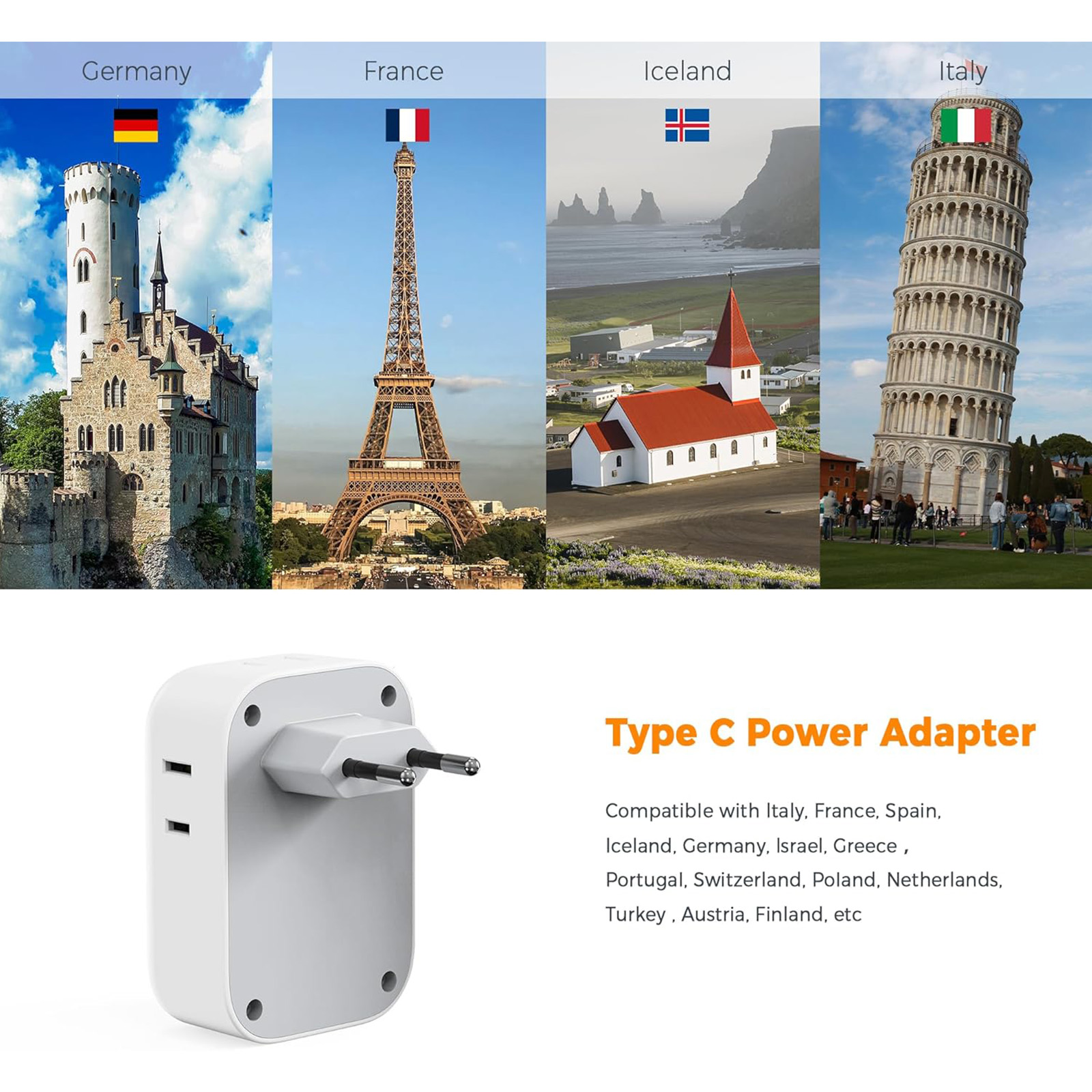 TESSAN US to Europe Plug Adapter with 4 Electrical Outlets 3 USB Ports, 2 Pack
