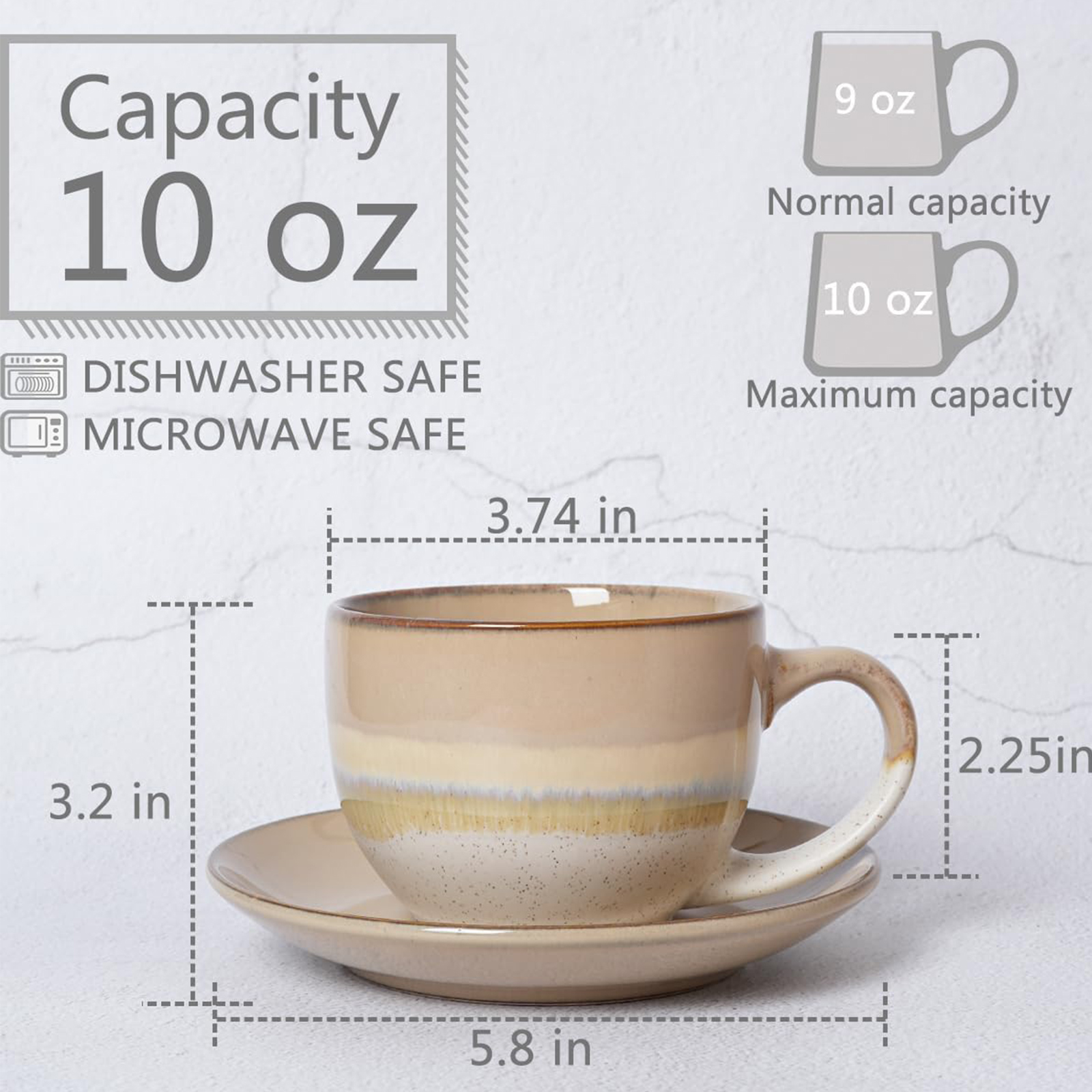 Bosmarlin Ceramic Cappuccino Cup and Saucer Set of 2, 10 Oz, Coffee Cups for Latte, Espresso, Tea, Dishwasher and Microwave Safe (Brown Grey)