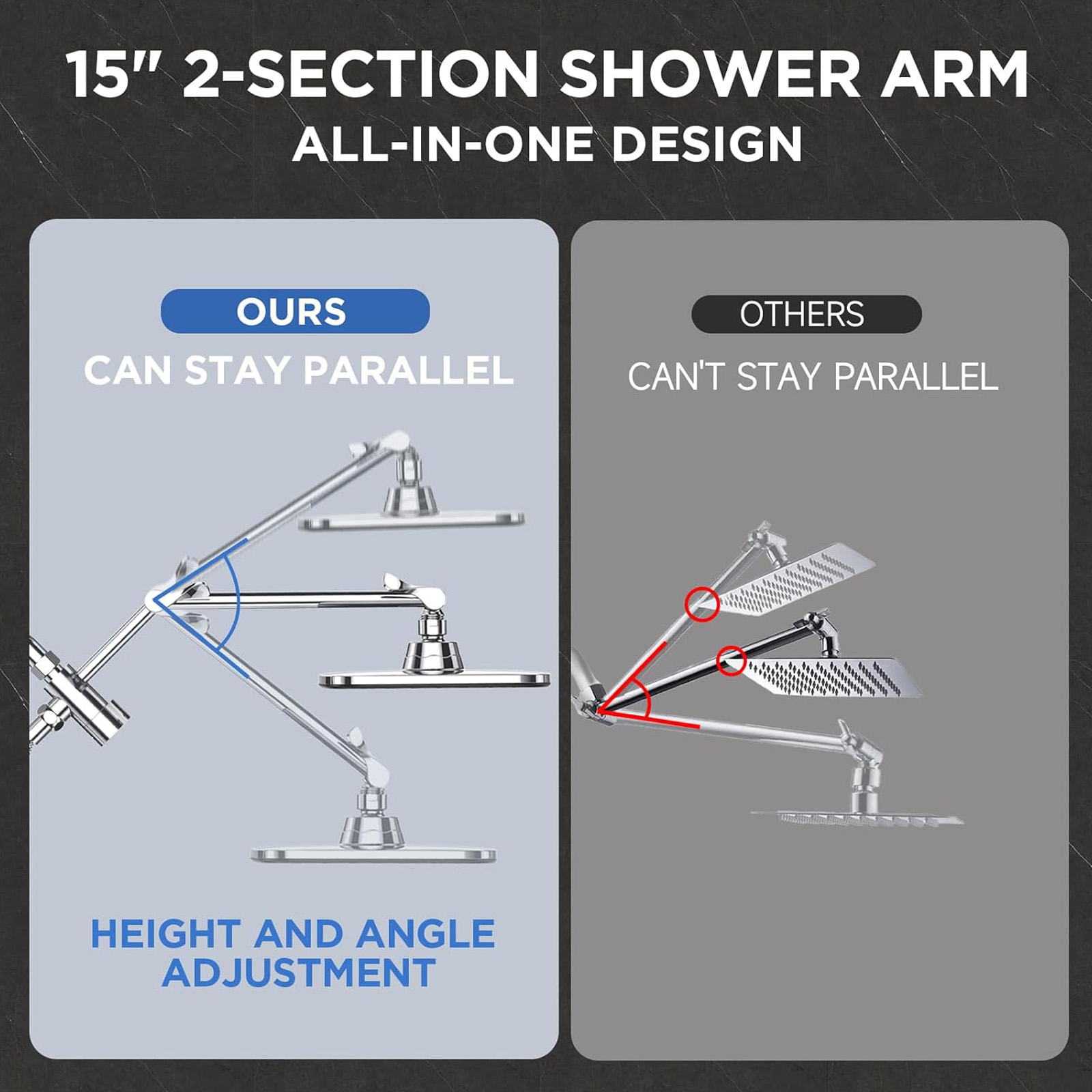 Veken Wide Rain Shower Head with 6 Modes Handheld Water Spray, High Pressure Showerhead Combo with Arm for Bathroom Accessories，Home Decor Adjustable Dual Shower with Anti-Clog Nozzles,Silver Chrome