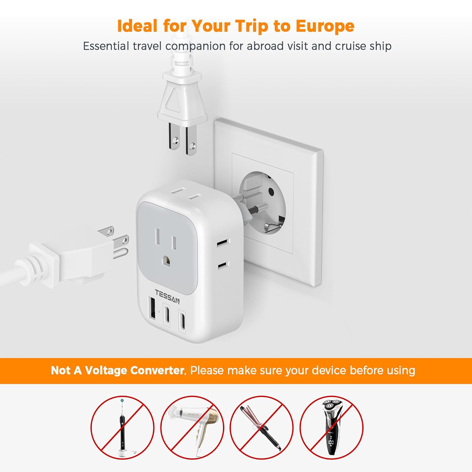 TESSAN US to Europe Plug Adapter with 4 Electrical Outlets 3 USB Ports, 2 Pack