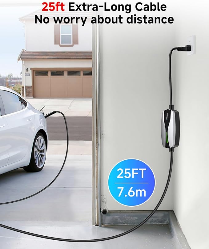 SEGUMA Portable Level 1/2 EV Charger for Tesla, 16Amp NACS Car Charger with 110V-240V, 25FT Extension Cable, NEMA 6-20 Plug, NEMA 5-15 Adapter, Home Mobile Wall Connector EV Charging Station for Tesla Cars