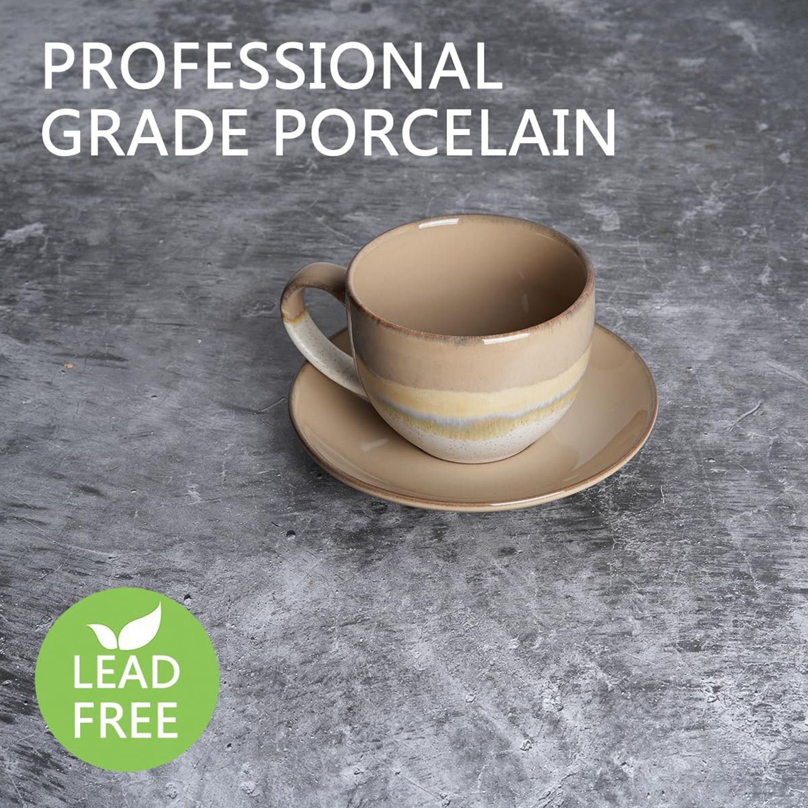 Bosmarlin Ceramic Cappuccino Cup and Saucer Set of 2, 10 Oz, Coffee Cups for Latte, Espresso, Tea, Dishwasher and Microwave Safe (Brown Grey)