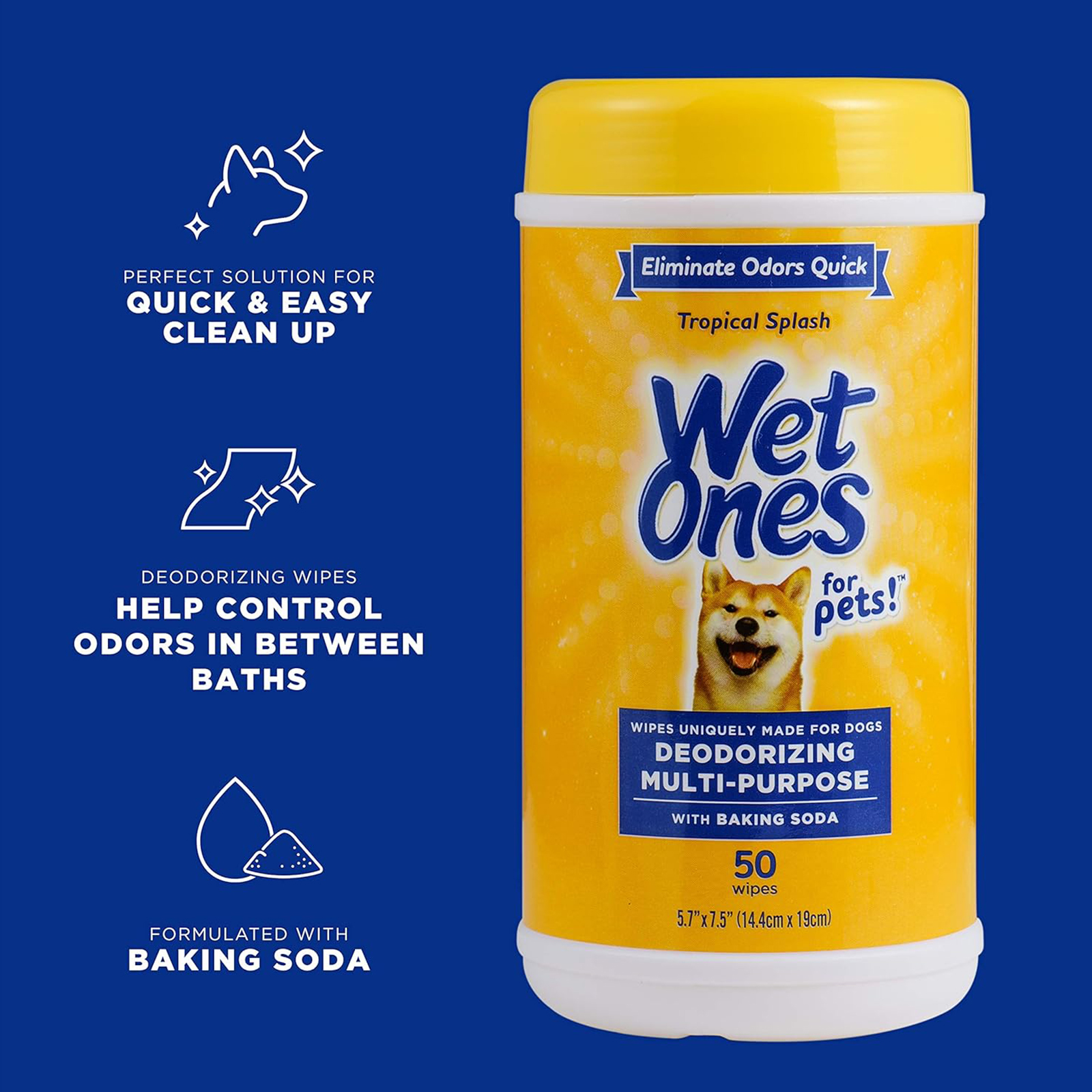 Wet Ones for Pets Deodorizing Multi-Purpose Dog Wipes With Baking Soda Dog Deodorizing Wipes For All Dogs in Tropical Splash Scent, Wet Ones Wipes for Deodorizing Dogs 50 Count (Pack of 12)