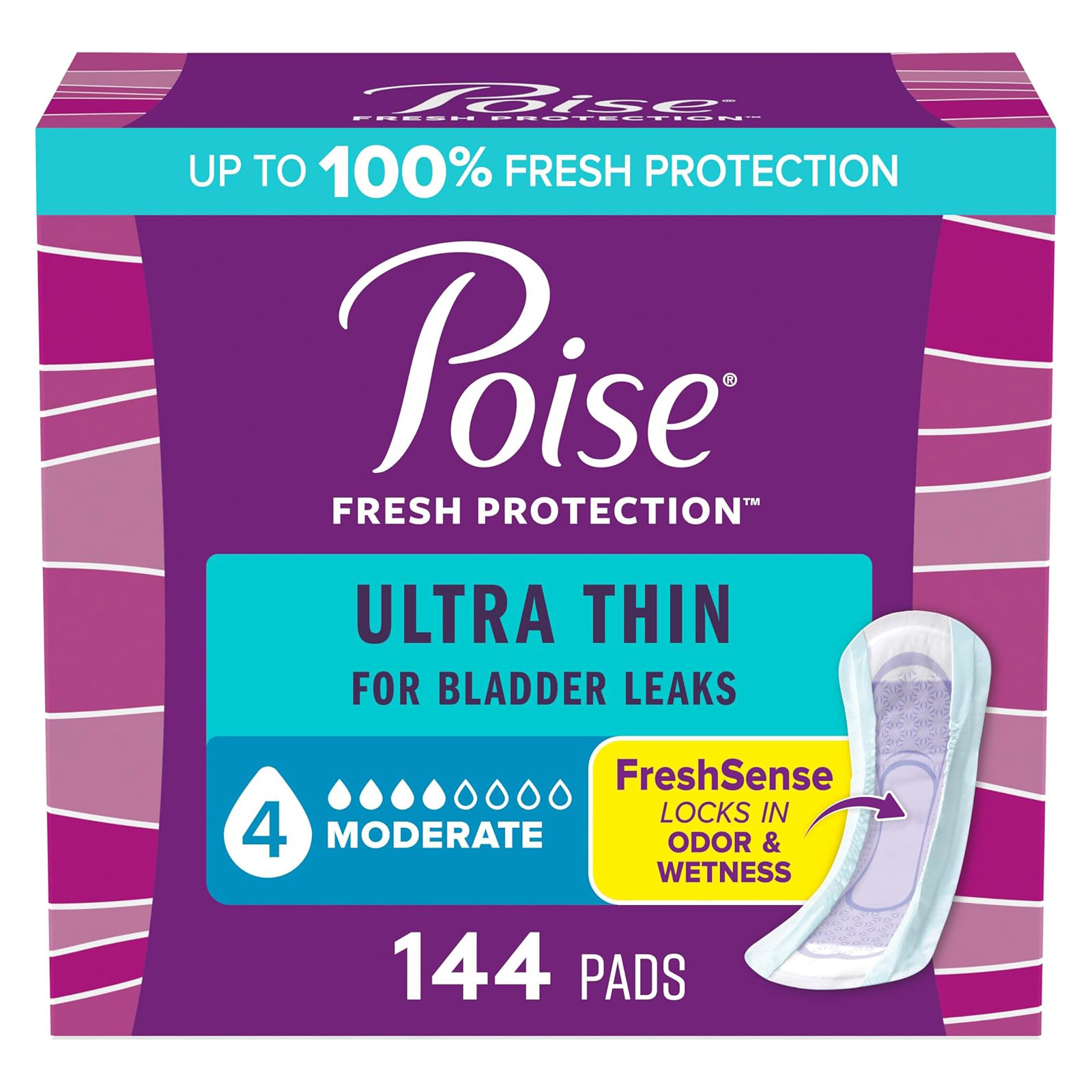 Poise Ultra Thin Incontinence Pads & Postpartum Pads for Bladder Leaks, 4 Drop Moderate Absorbency, Regular Length, 144 Count, Packaging May Vary