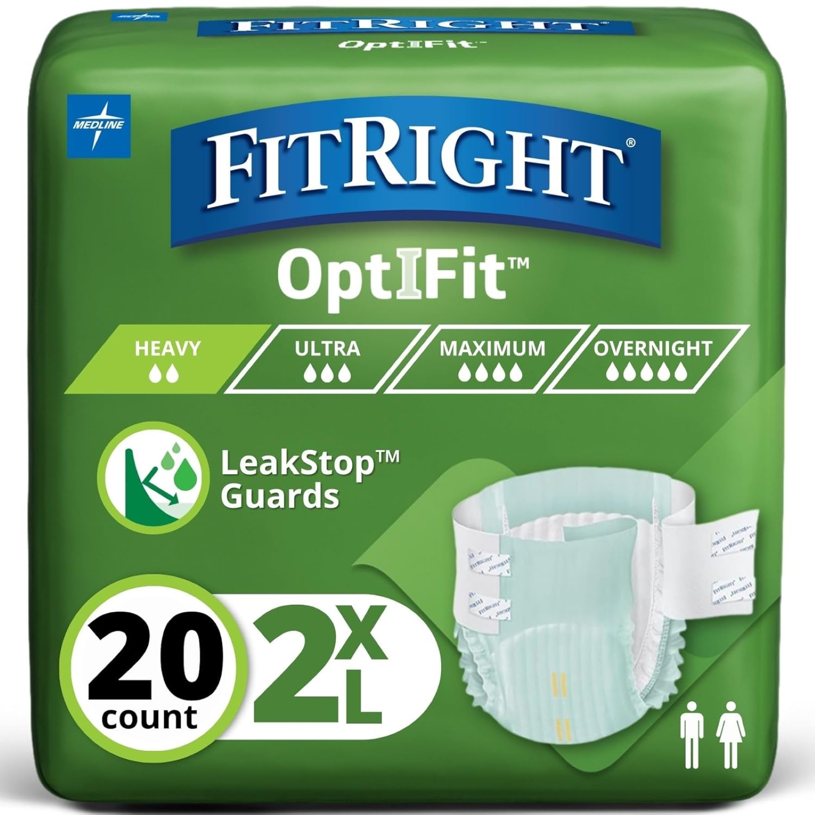 Extra+ OptiFit Heavy Absorbency Adult Diapers, FSA/HSA Eligible,20 Count, Waist Size 60"-70",2XL, Incontinence Briefs for Men and Women, Disposable, Moisture Wicking, Leak Protection