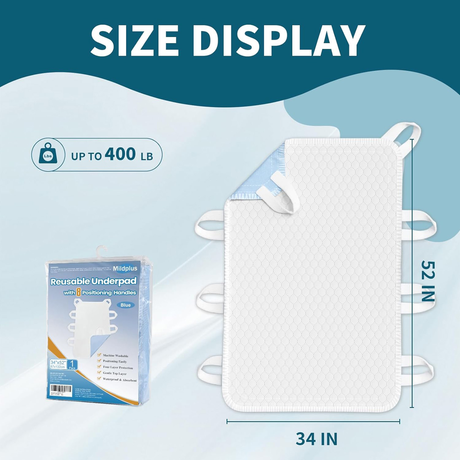 MILDPLUS 1Pack Blue 8Handles 34"×52" Pads - 4Layers Leakproof Washable Extra Large