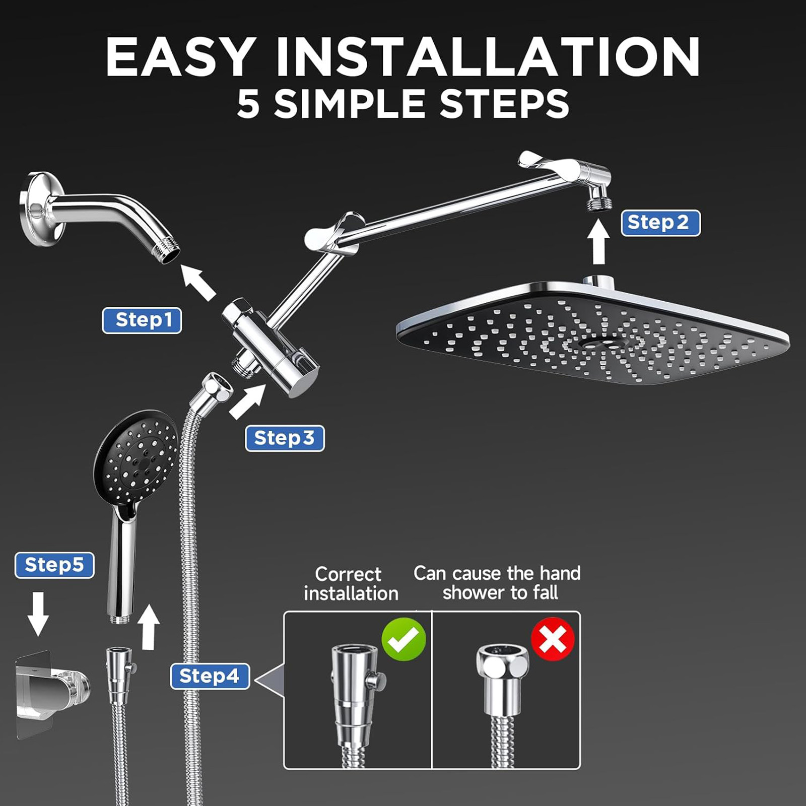 Veken Wide Rain Shower Head with 6 Modes Handheld Water Spray, High Pressure Showerhead Combo with Arm for Bathroom Accessories，Home Decor Adjustable Dual Shower with Anti-Clog Nozzles,Silver Chrome