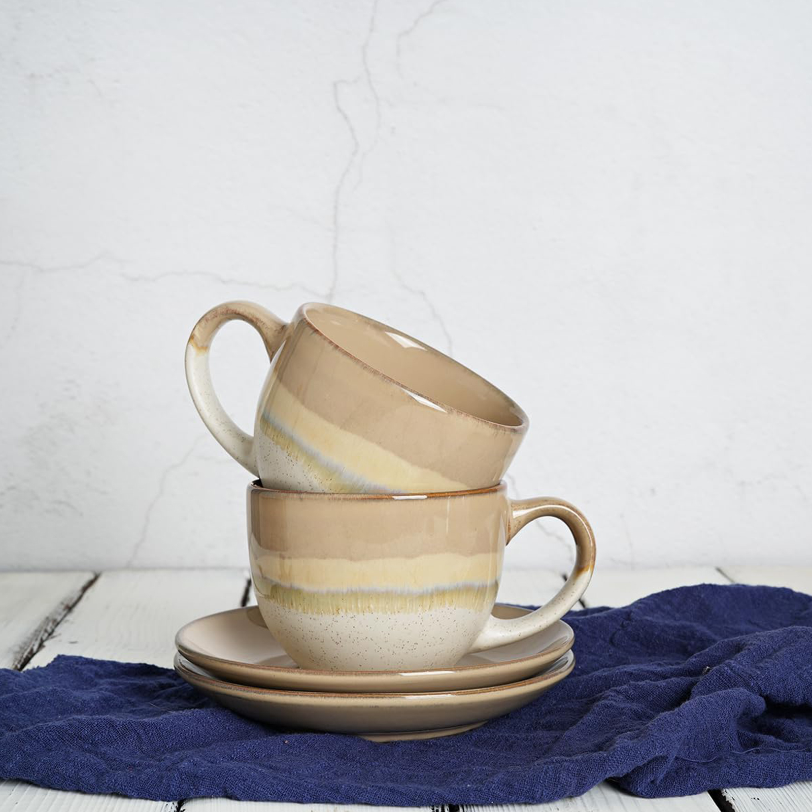 Bosmarlin Ceramic Cappuccino Cup and Saucer Set of 2, 10 Oz, Coffee Cups for Latte, Espresso, Tea, Dishwasher and Microwave Safe (Brown Grey)