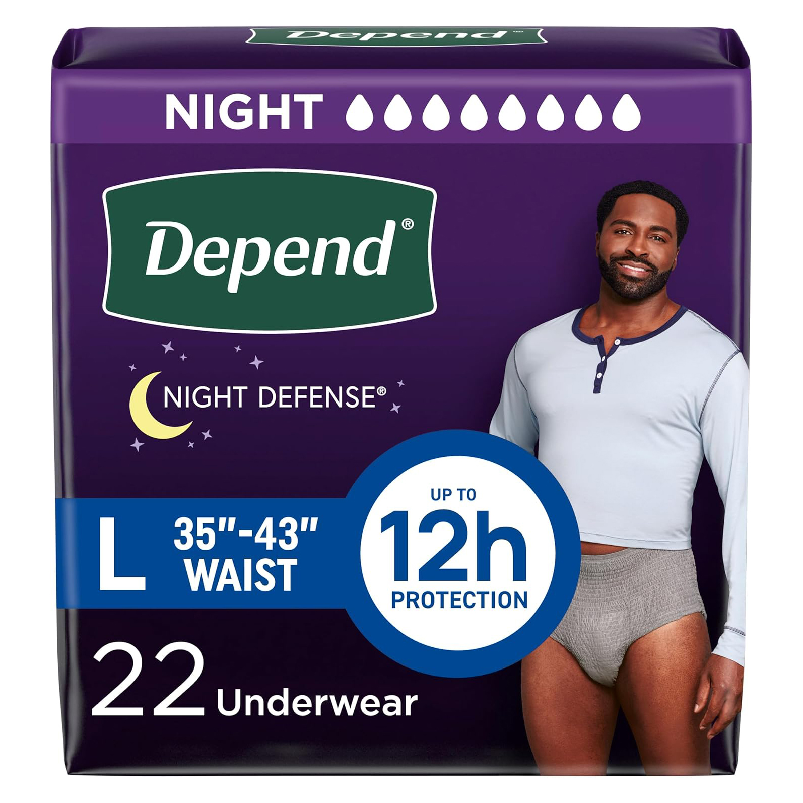 Depend Night Defense Adult Incontinence Underwear for Men, Disposable, Overnight, Large, Grey, 22 Count, Packaging May Vary