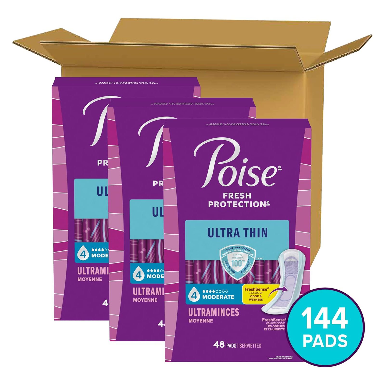 Poise Ultra Thin Incontinence Pads & Postpartum Pads for Bladder Leaks, 4 Drop Moderate Absorbency, Regular Length, 144 Count, Packaging May Vary
