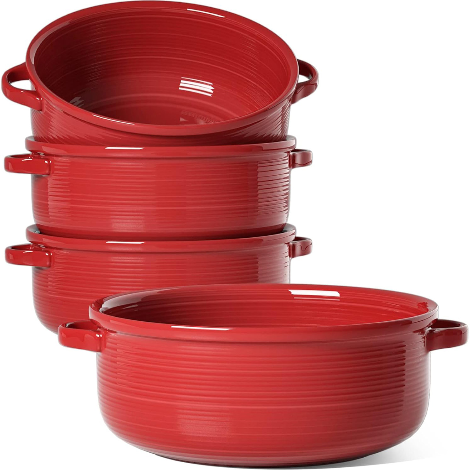 LE TAUCI Soup Bowls with Handles, Ceramic French Onion Soup Bowls 22 Ounces for Soup, Cereal, Chilli, Beef Stew, Stackable Serving Bowls Set, Oven Microwave Dishwasher Safe, Set of 4, Red