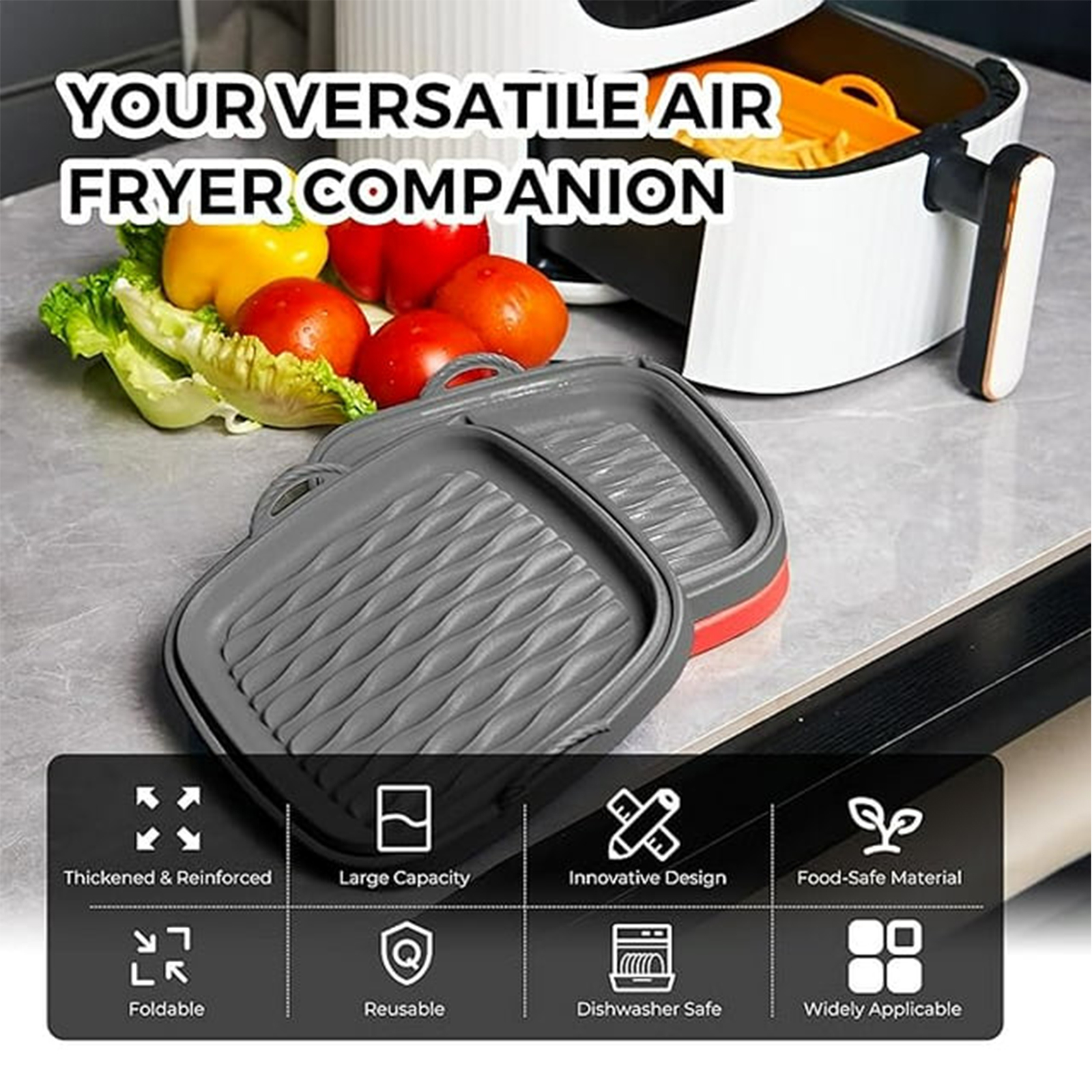 8" Square Silicone Air Fryer Liners, 2 Pcs, Reusable for Large Air Fryer Basket