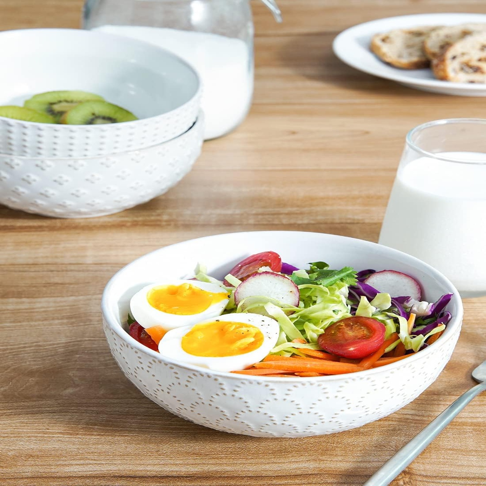 LE TAUCI Cereal bowls 26 oz, Ceramic Soup Bowl for Kitchen, Embossment Stoneware Bowl for Pho, Chip, Fruits, Salad, Noodle, Ramen, Suit For Housewarming - 6 Inch, Set of 4, Arctic white