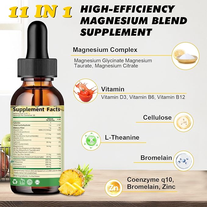 Magnesium Glycinate Complex, Magnesium Liquid Drop with Magnesium Citrate, Calcium, Potassium, Vitamin D3, Zinc - Magnesium Taurate Supplement for Bone, Energy, Muscle Support