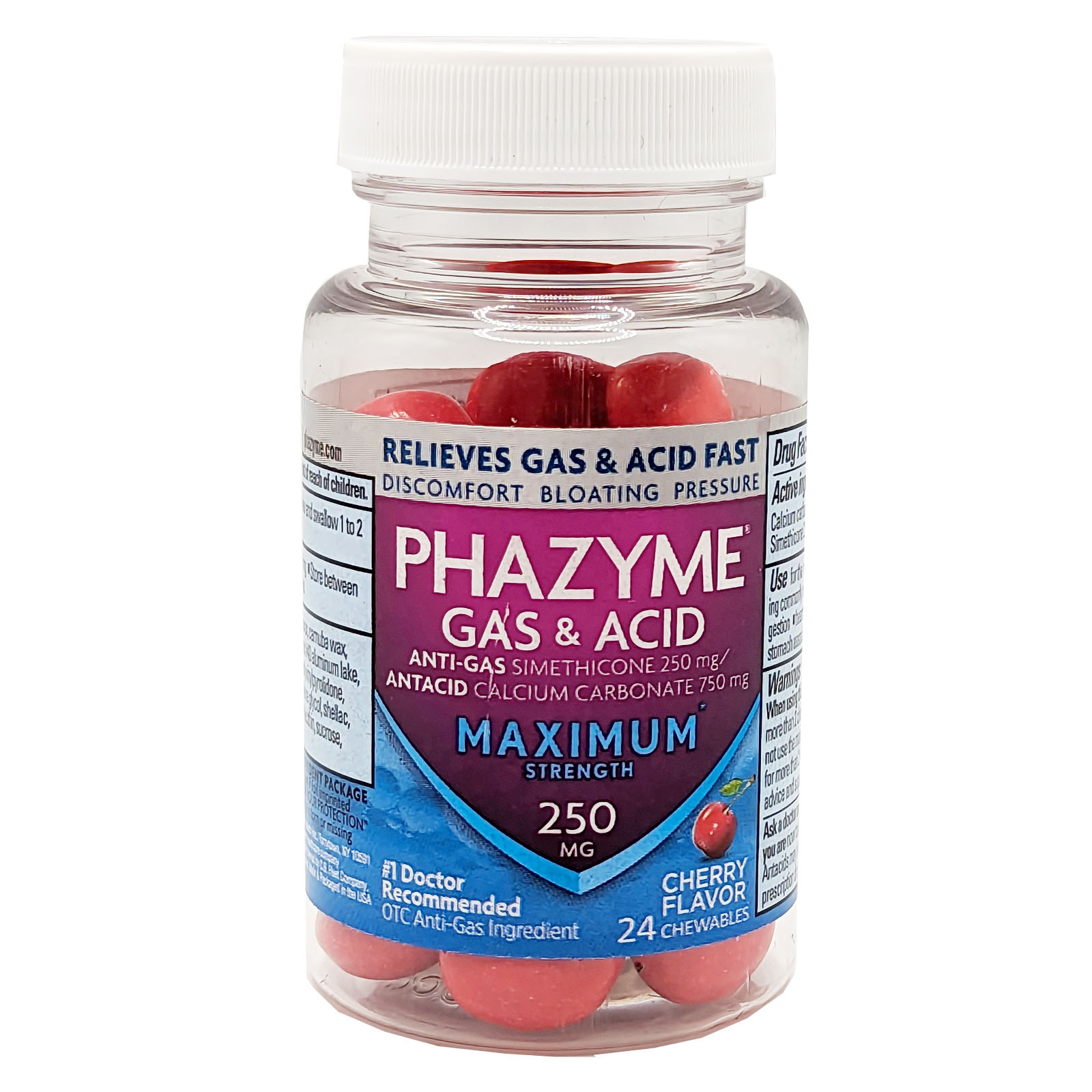 PHAZYME Gas & Acid Maximum Strength 250 MG Cherry Flavor 24 Chewables