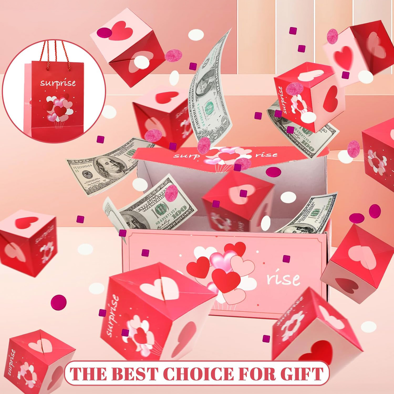 Surprise Gift Box Explosion for Money, Unique Folding Bouncing Red Envelope Gift Box with Confetti, Cash Explosion Luxury Gift Box (15 Bounces)