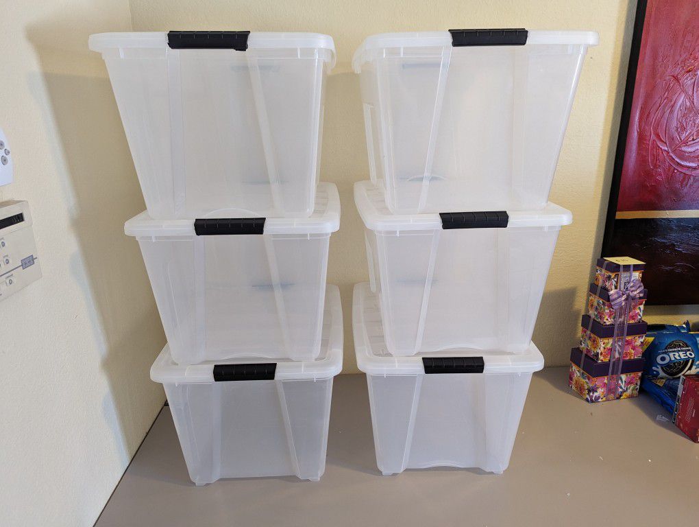 IRIS USA 53 Quart Stackable Plastic Storage Bins with Lids and Latching Buckles, 6 Pack