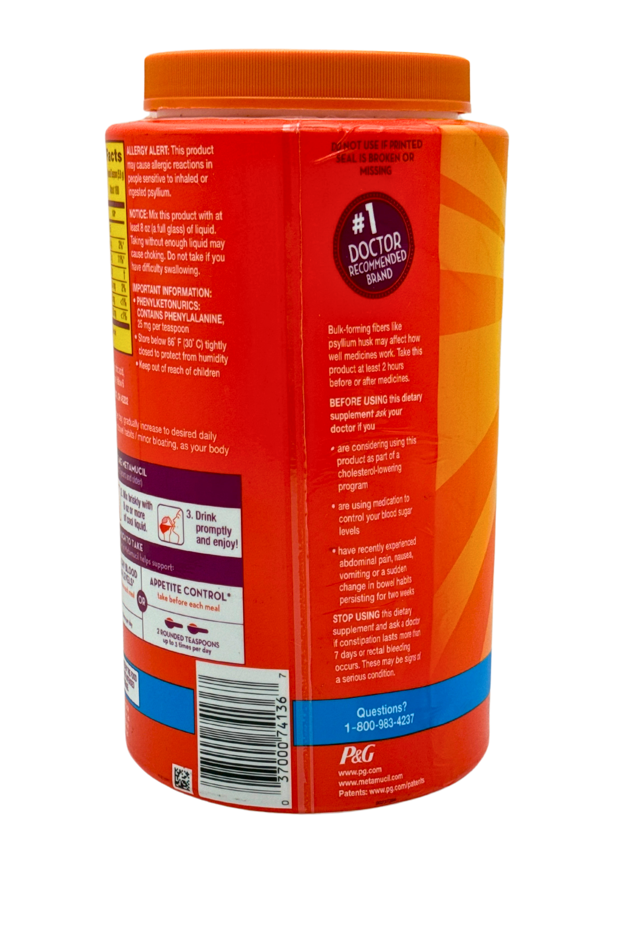 Metamucil Psyllium Husk Powder, Orange Flavor, Sugar-Free, 180 Teaspoons