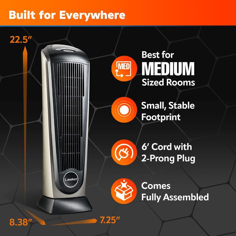 Lasko Oscillating Ceramic Tower Space Heater with Adjustable Thermostat - 22.5 Inches - Grey/Black - 1500W - 751320