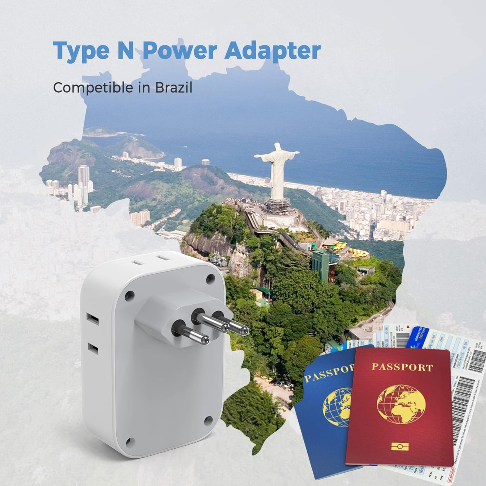 TESSAN Brazil Power Type N Adapter, 4 American Outlets 3 USB Charger