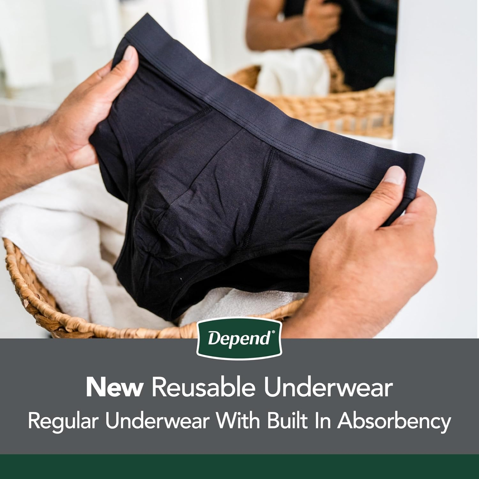 Depend Washable Adult Incontinence Underwear for Men, Reusable, Light Absorbency, Large, Black, 1 Count