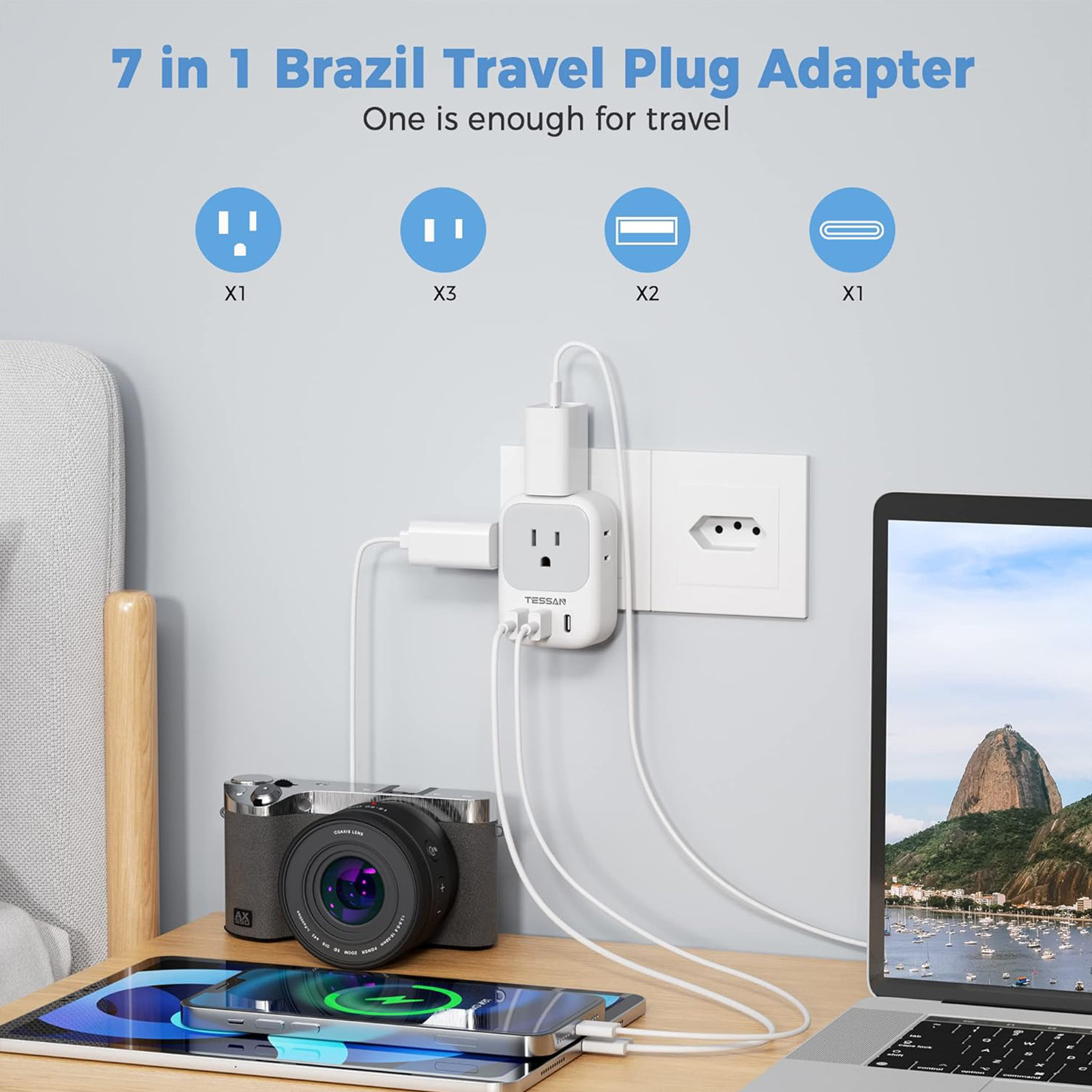 TESSAN Brazil Power Type N Adapter, 4 American Outlets 3 USB Charger