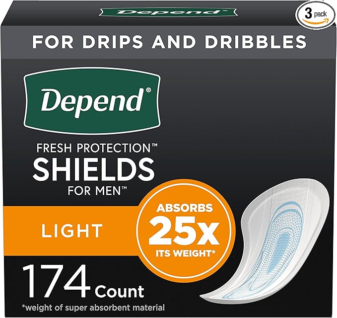 Depend Incontinence/Bladder Control Shields, Pads for Men, Light Absorbency, 174 Count (3 Packs of 58) (Packaging May Vary)
