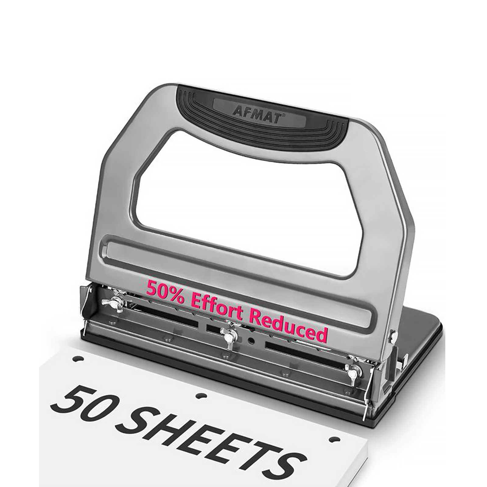 AFMAT Heavy Duty 3 Hole Punch, 50-Sheet 2 Hole Punch, 50% Reduced Effort 3-Hole Puncher, Adjustable Three Hole Punch 2 Hole Paper Punch, Metal Paper Puncher w/Large Chip Tray, Metal Paper Guide, Gray