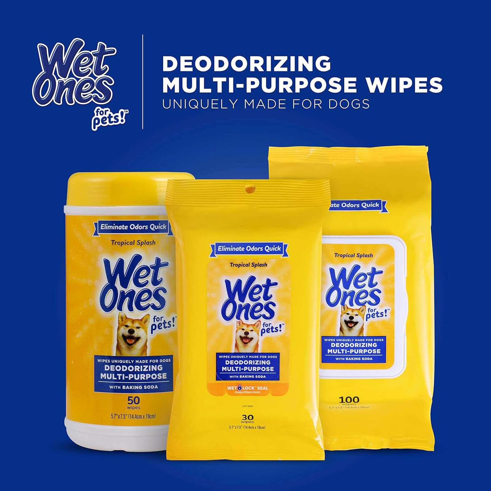Wet Ones for Pets Deodorizing Multi-Purpose Dog Wipes With Baking Soda Dog Deodorizing Wipes For All Dogs in Tropical Splash Scent, Wet Ones Wipes for Deodorizing Dogs 50 Count (Pack of 12)