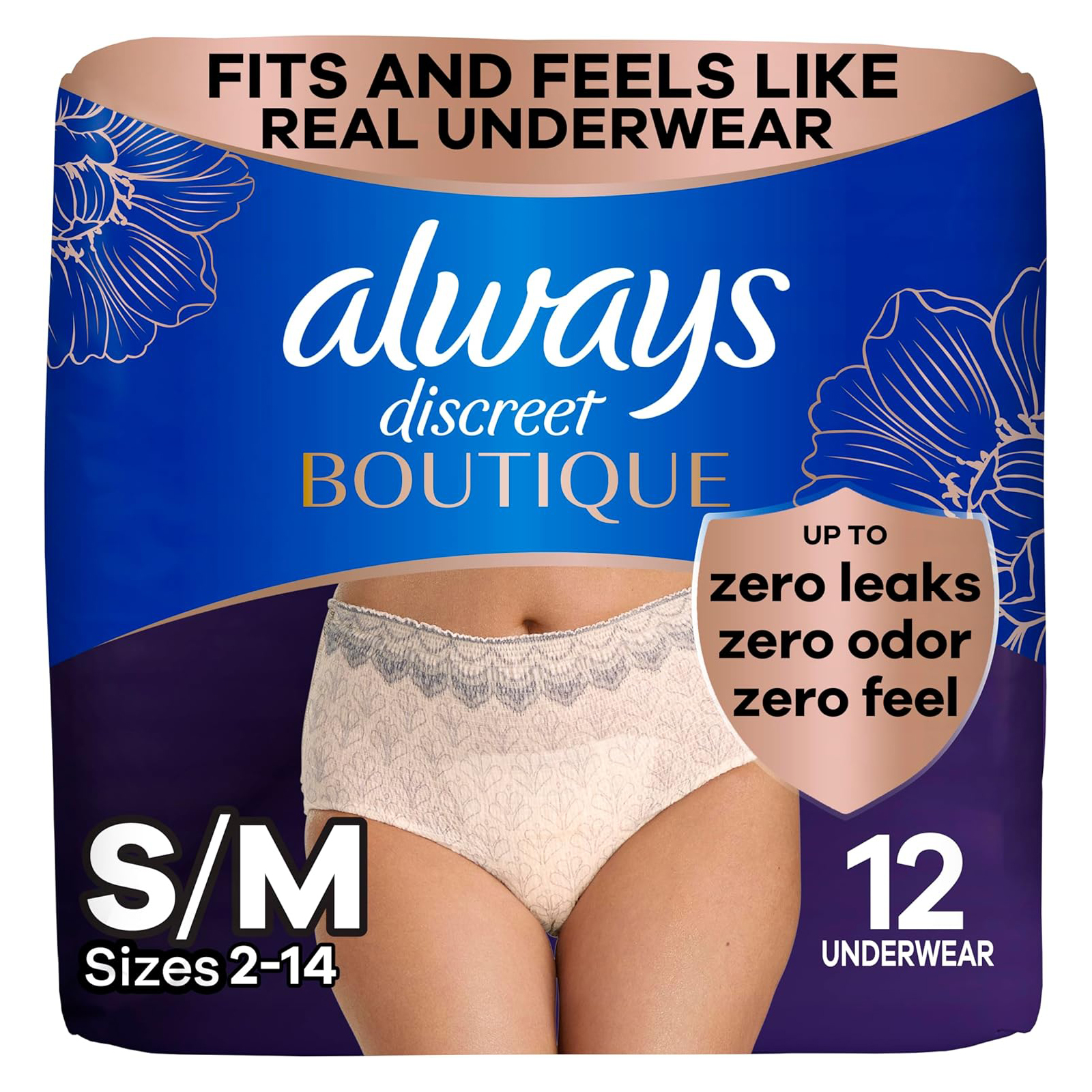 Always Discreet Boutique Adult Incontinence & Postpartum Underwear For Women, High-Rise, Size Small/Medium, Rosy, Maximum Absorbency, Disposable, 12 Count (Packaging May Vary)