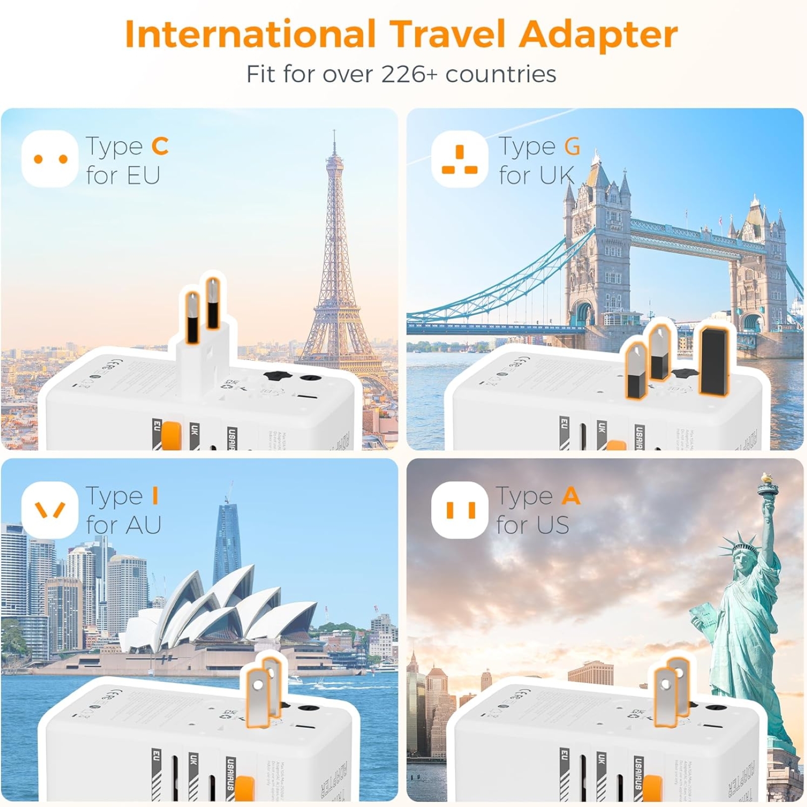 TESSAN 100W GaN Universal Travel Adapter, International Plug Adaptor with 2 USB C and 2 USB A Charging Ports, Worldwide Power Outlet for US to Europe EU UK AUS Ireland(Type C/G/A/I)