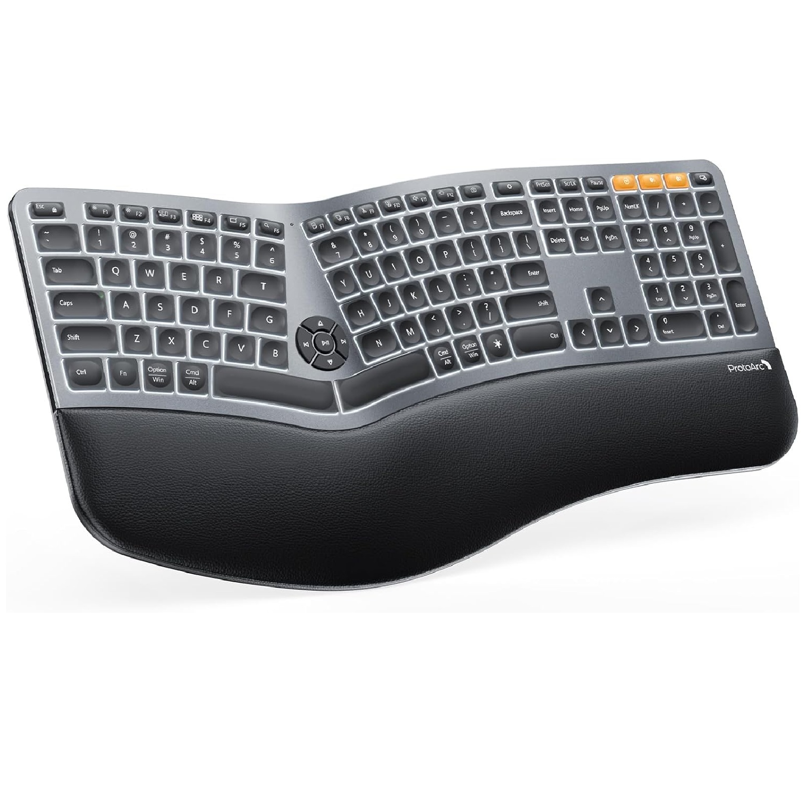 Backlit Wireless Ergonomic Keyboard, EK01 Plus Full Size Ergo Split Keyboard with Wrist Rest, USB-C Charging, Bluetooth and USB, Natural Typing Compatible with Windows/Mac/Android