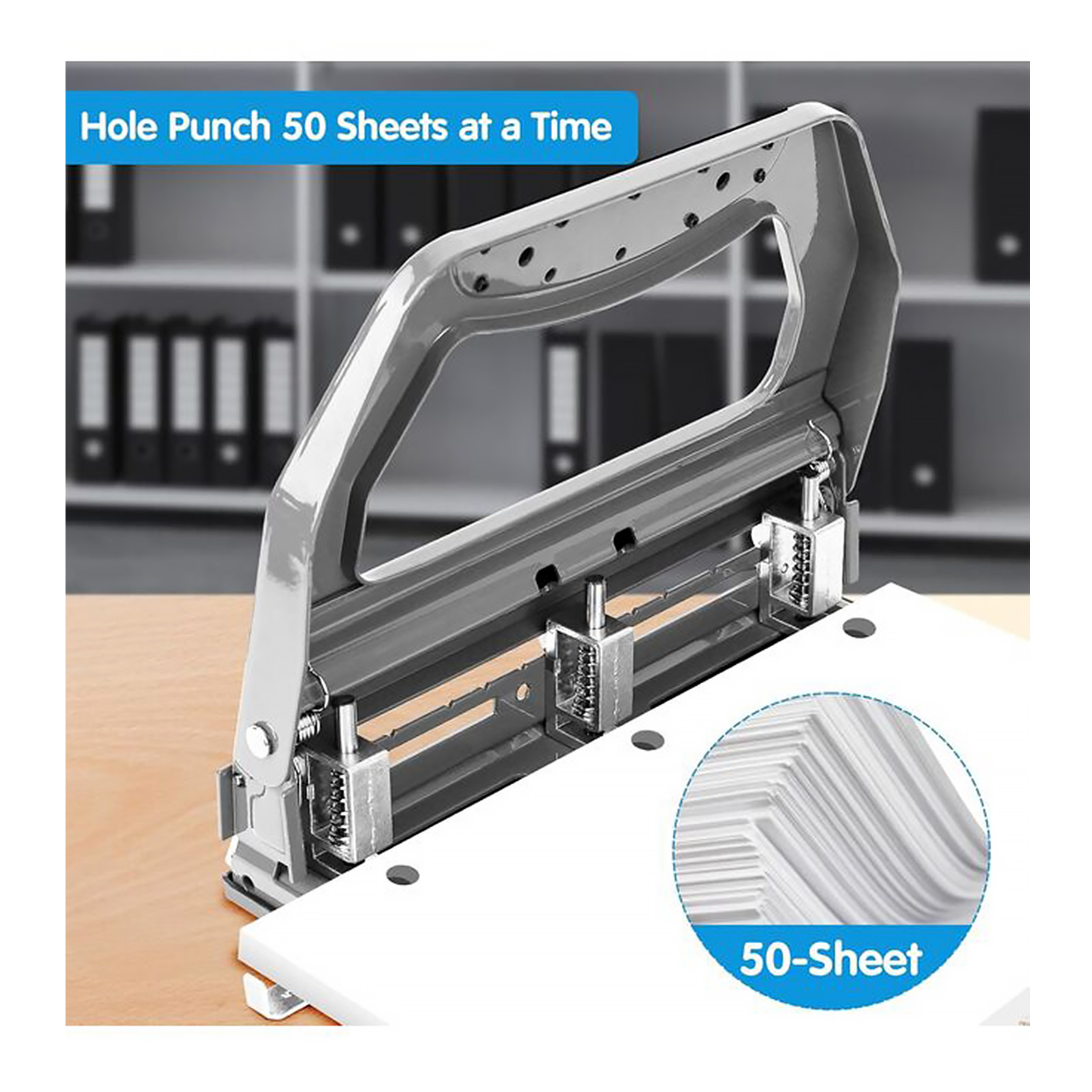 AFMAT Heavy Duty 3 Hole Punch, 50-Sheet 2 Hole Punch, 50% Reduced Effort 3-Hole Puncher, Adjustable Three Hole Punch 2 Hole Paper Punch, Metal Paper Puncher w/Large Chip Tray, Metal Paper Guide, Gray