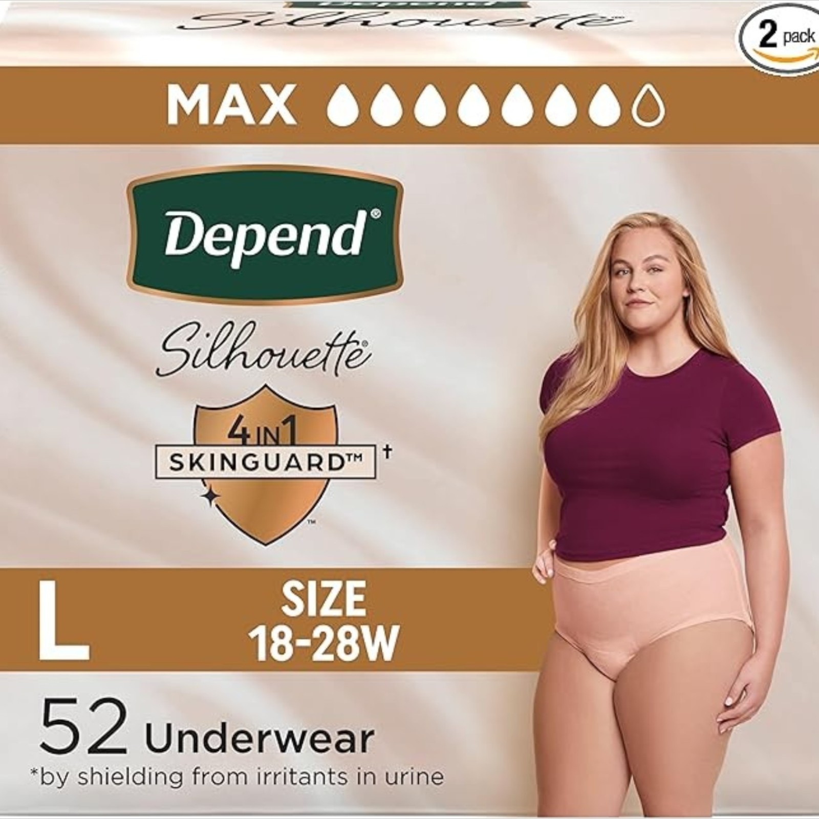 Depend Silhouette Adult Incontinence & Postpartum Bladder Leak Underwear for Women, Maximum Absorbency, Large, Pink, 52 Count (2 Packs of 26), Packaging May Vary