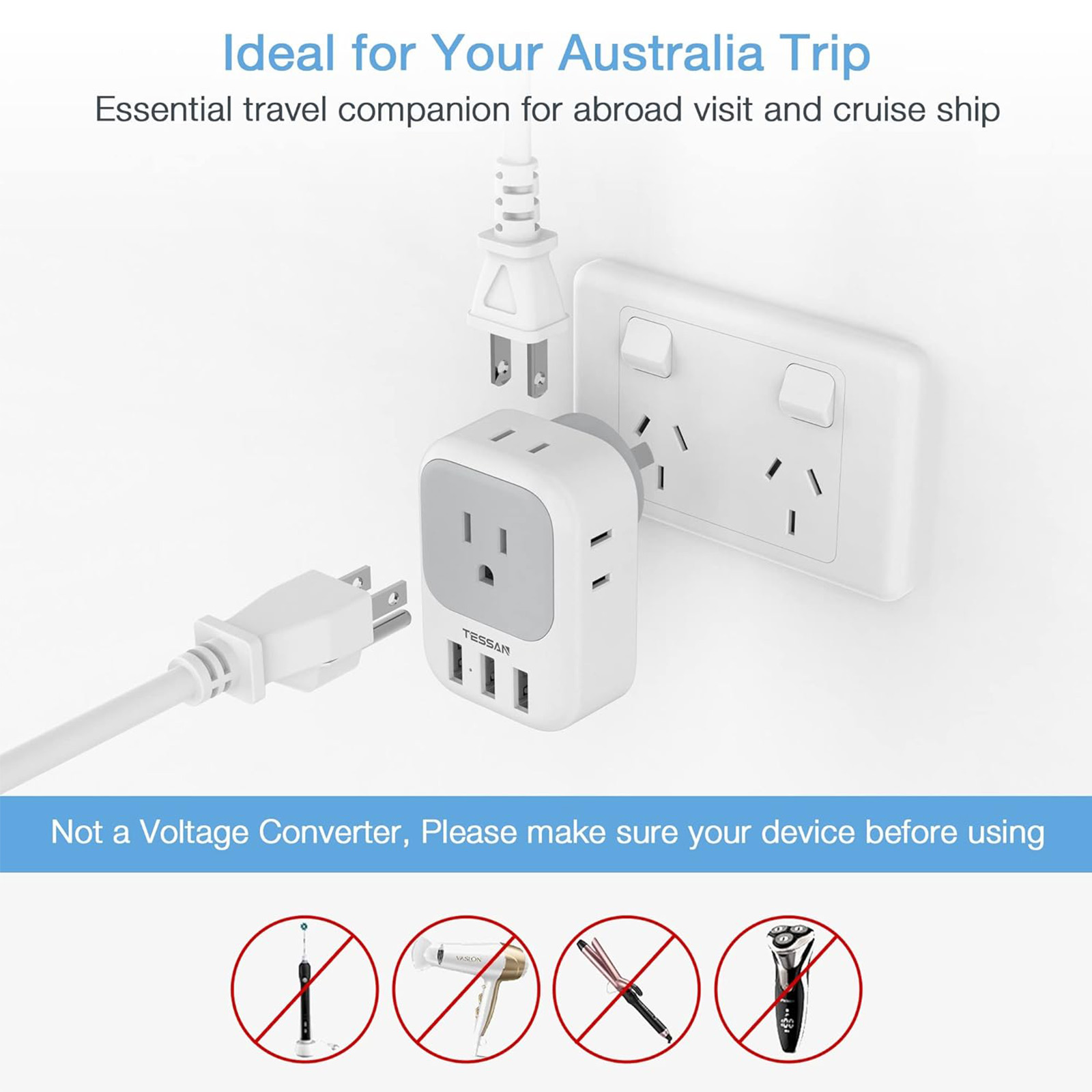 TESSAN Australia Power Plug Type I Adapter with 4 American Outlets 3 USB Charger