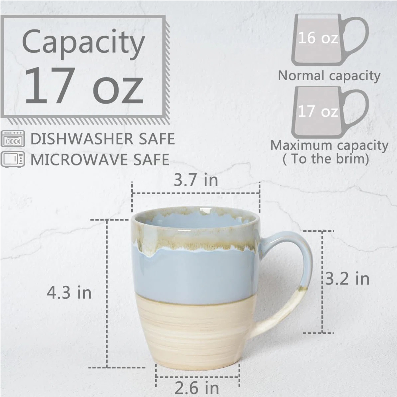 Bosmarlin Ceramic Coffee Mug Set Of 4, 16 Oz, Tea Cups, Dishwasher And Microwave Safe, Reactive Glaze (Light Blue)