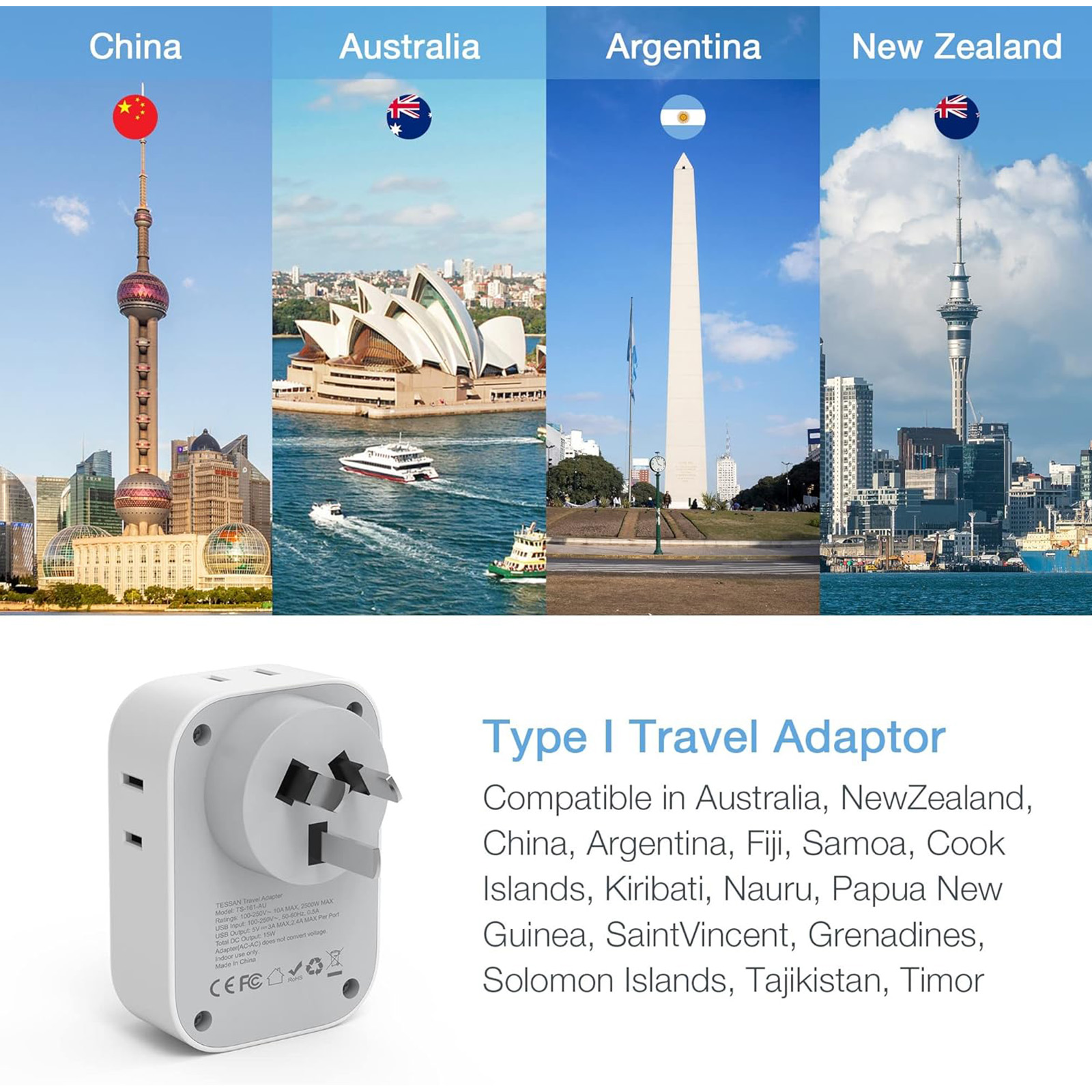 TESSAN Australia Power Plug Type I Adapter with 4 American Outlets 3 USB Charger
