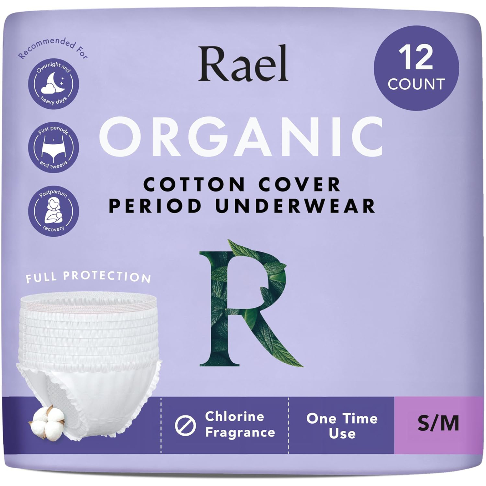 Rael Disposable Underwear for Women, Organic Cotton Cover - Incontinence Pads, Postpartum Essentials, Disposable Underwear, Unscented, Maximum Coverage (Size S-M, 12 Count)